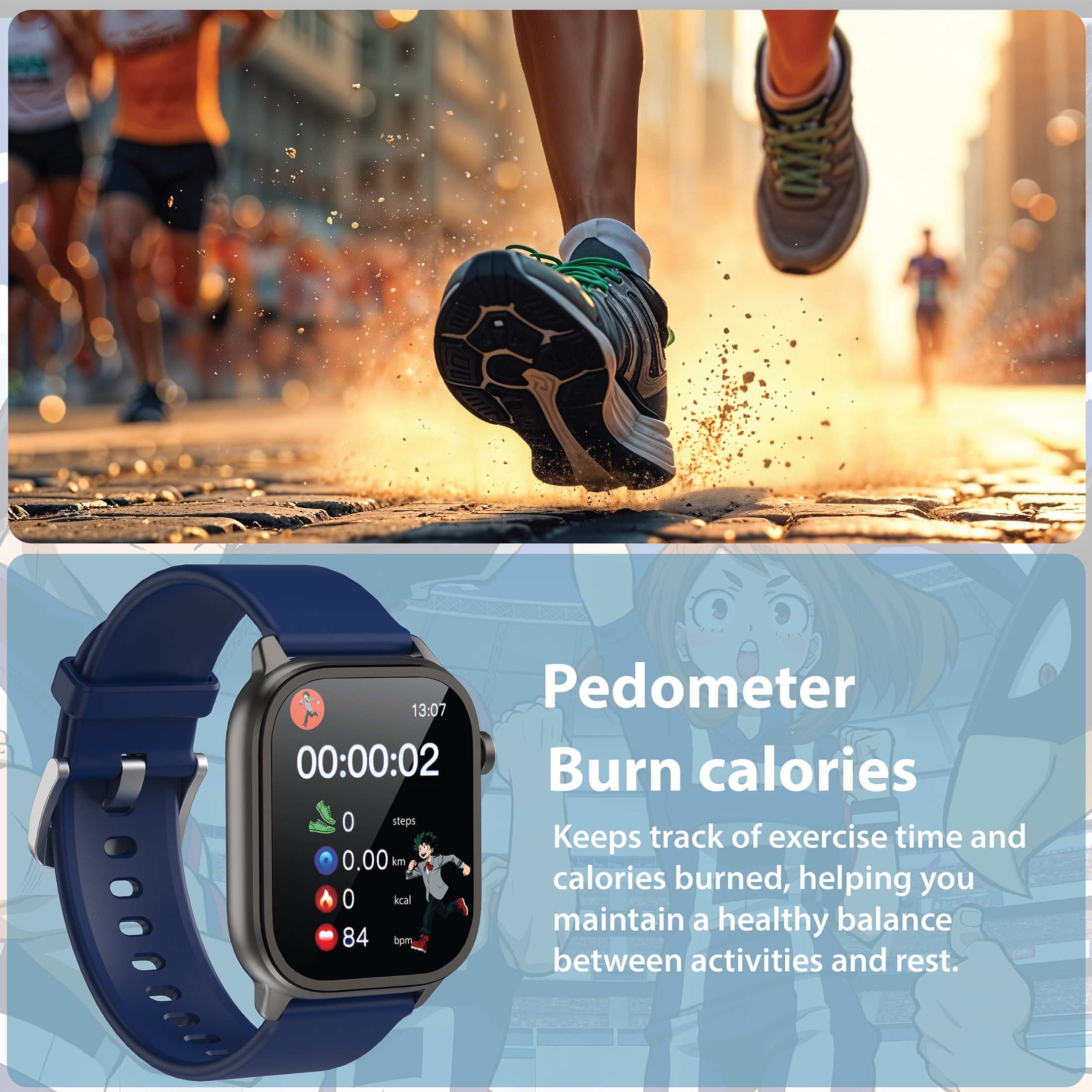 My Hero Academia iTime Digital Adult 46mm Smart Watch with Blue and Gray Interchangeable Silicone Straps - Image 7