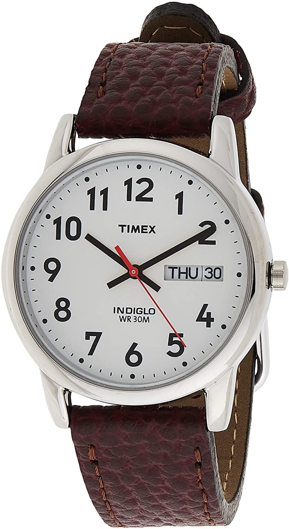 Timex Men's Easy Reader 35mm Day-Date Watch – Silver-Tone Case White Dial with Dark Brown Leather Strap - Image 2