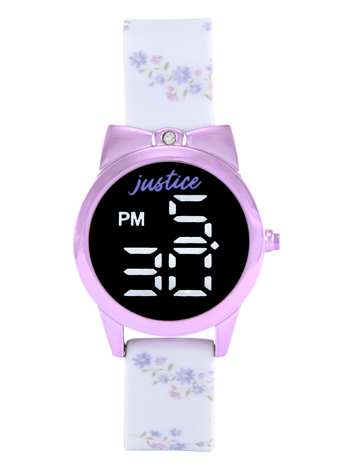 Justice Girls White Floral Printed Silicone Strap Watch with Purple Metallic Bow Shaped Case & Matching Stretch Bracelets; JSE40312WM - Image 7
