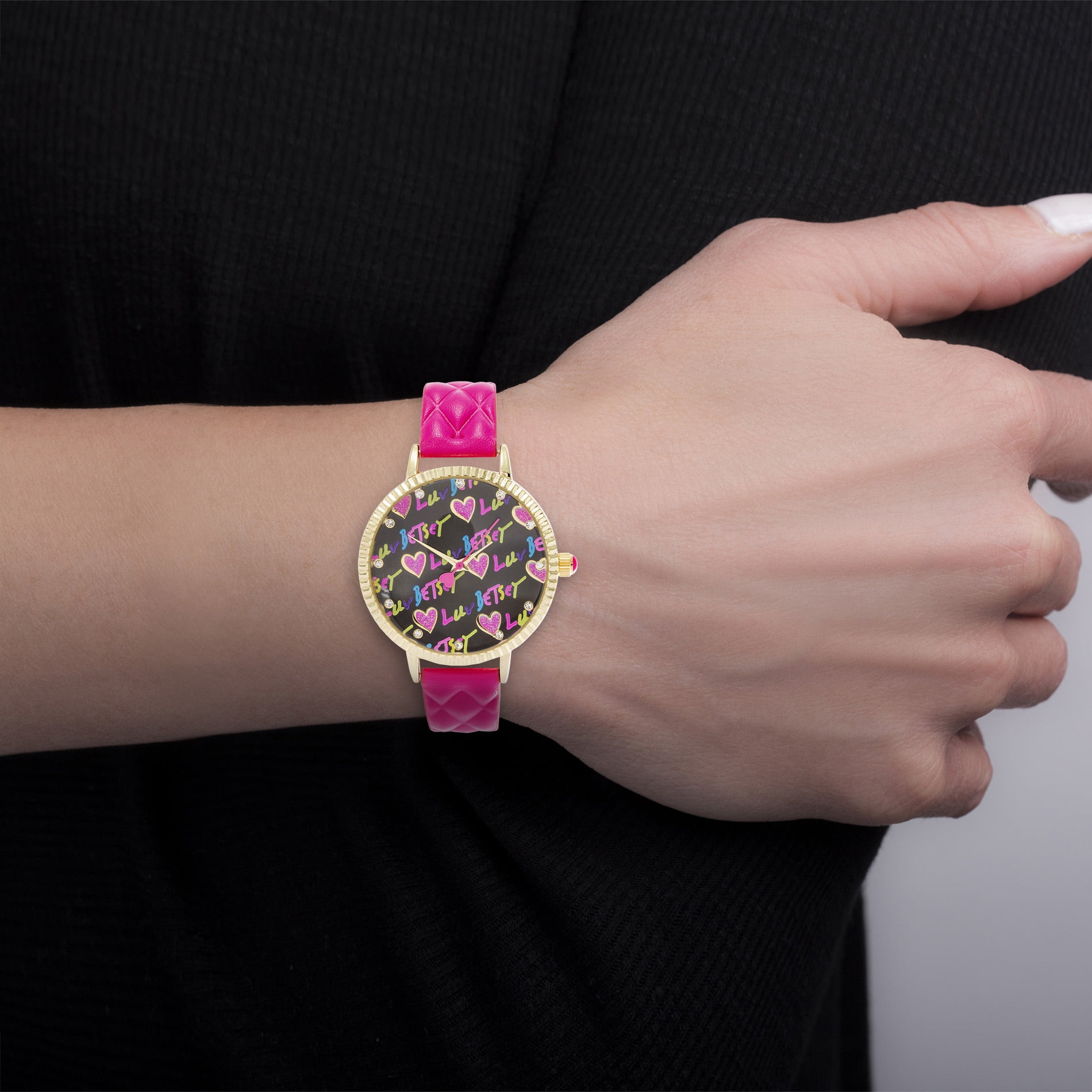 Luv Betsey Women's Black Dial with Color Glitter Printed with Gold Case and Pink Quilted Strap Women's Watch - Image 2