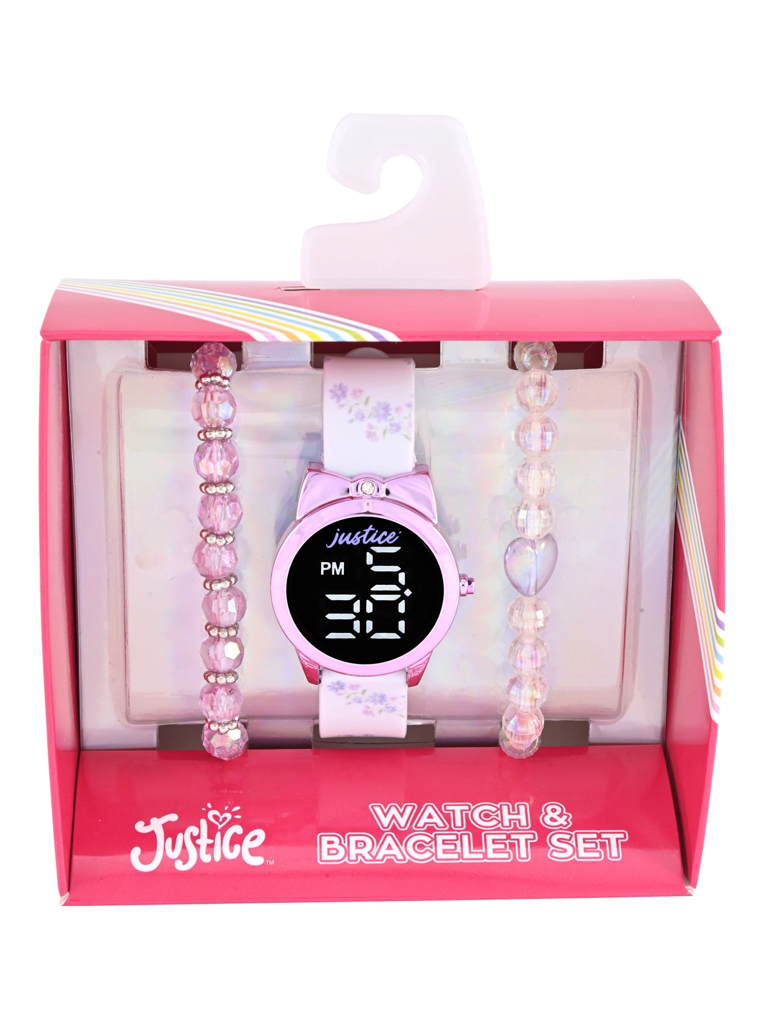 Justice Girls White Floral Printed Silicone Strap Watch with Purple Metallic Bow Shaped Case & Matching Stretch Bracelets; JSE40312WM - Image 2
