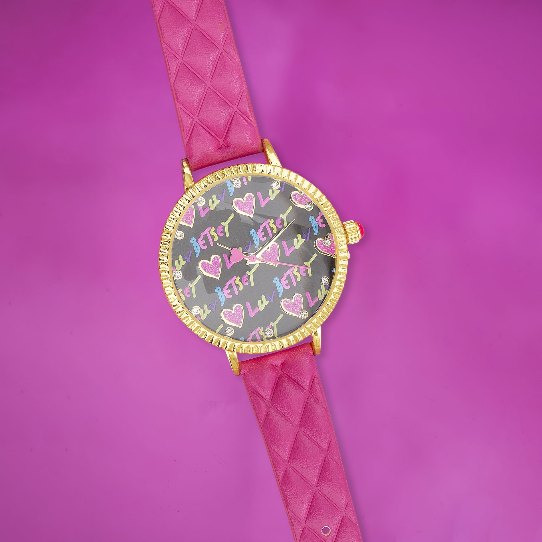 Luv Betsey Women's Black Dial with Color Glitter Printed with Gold Case and Pink Quilted Strap Women's Watch - Image 3