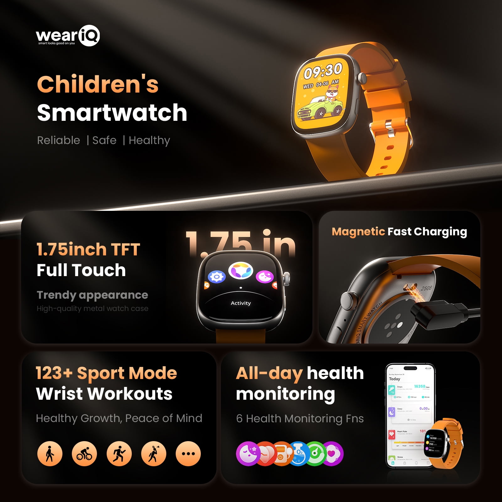 WeariQ Kids Smart Watch with 5 Color Straps,1.75" Large Screen, Bluetooth Calling 123 Sports Modes IP68 Waterproof,Fitness Tracker with Heart Rate Monitor All-in-One Gift for Active Kids - Image 2