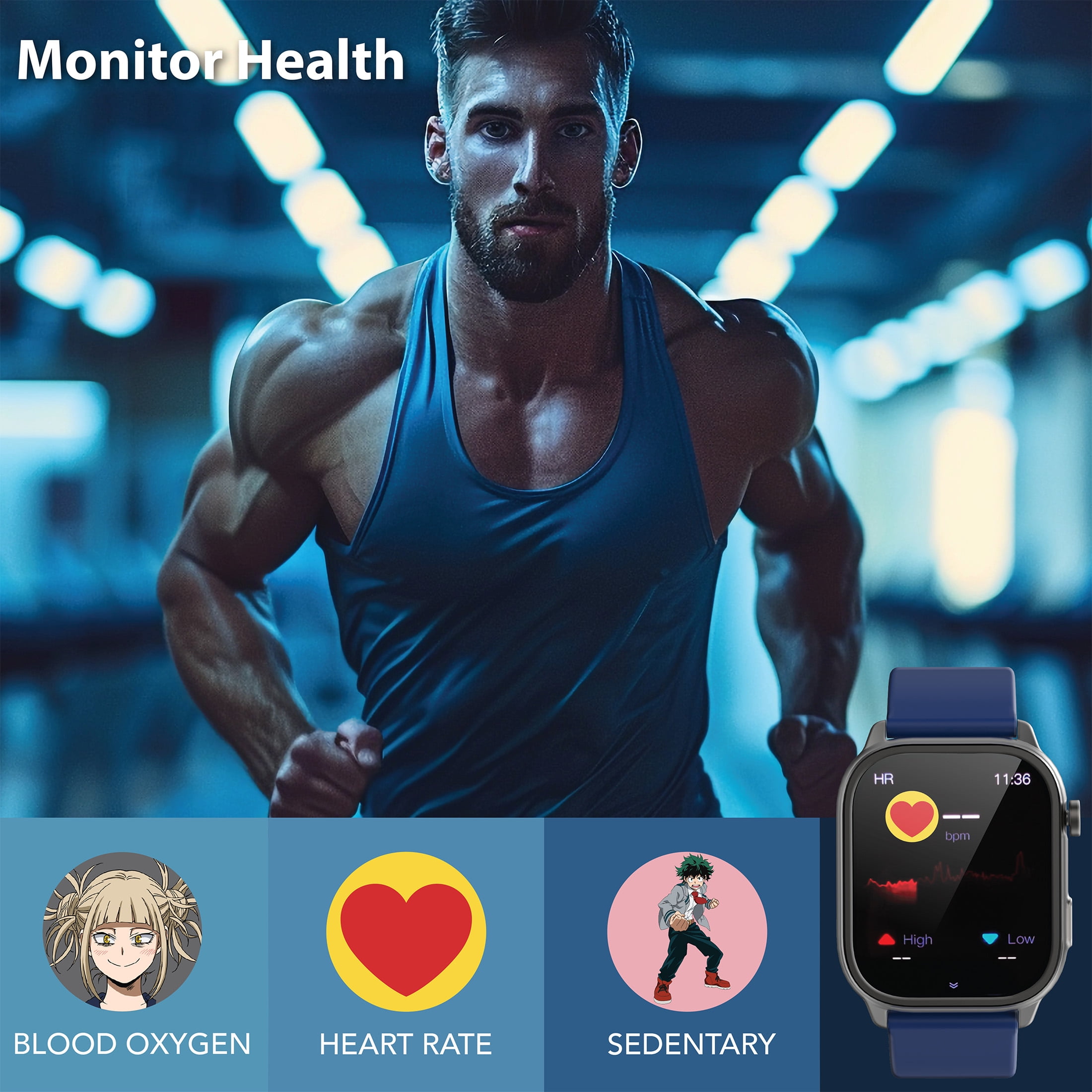 My Hero Academia iTime Digital Adult 46mm Smart Watch with Blue and Gray Interchangeable Silicone Straps - Image 6