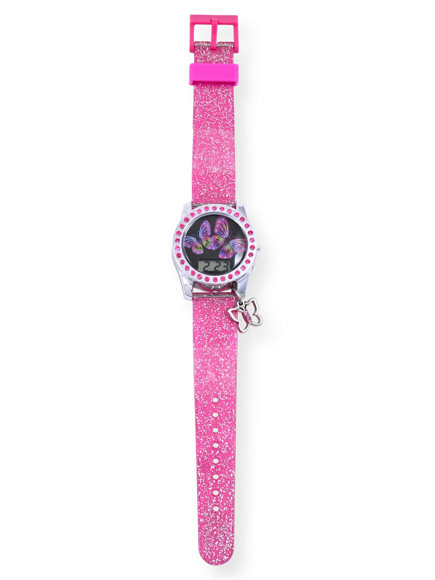 Wonder Nation Pink Glitter Butterfly LCD Watch with Silicone Strap with hanging Butterfly Charm (WN4295WM) - Image 2
