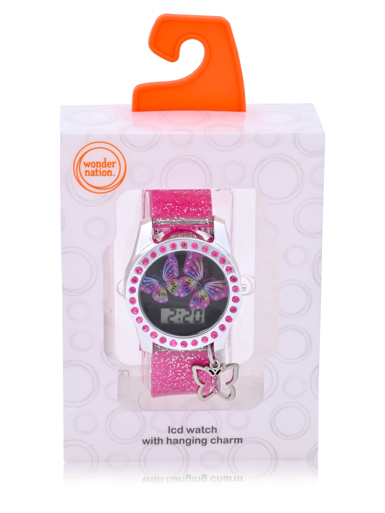 Wonder Nation Pink Glitter Butterfly LCD Watch with Silicone Strap with hanging Butterfly Charm (WN4295WM) - Image 3