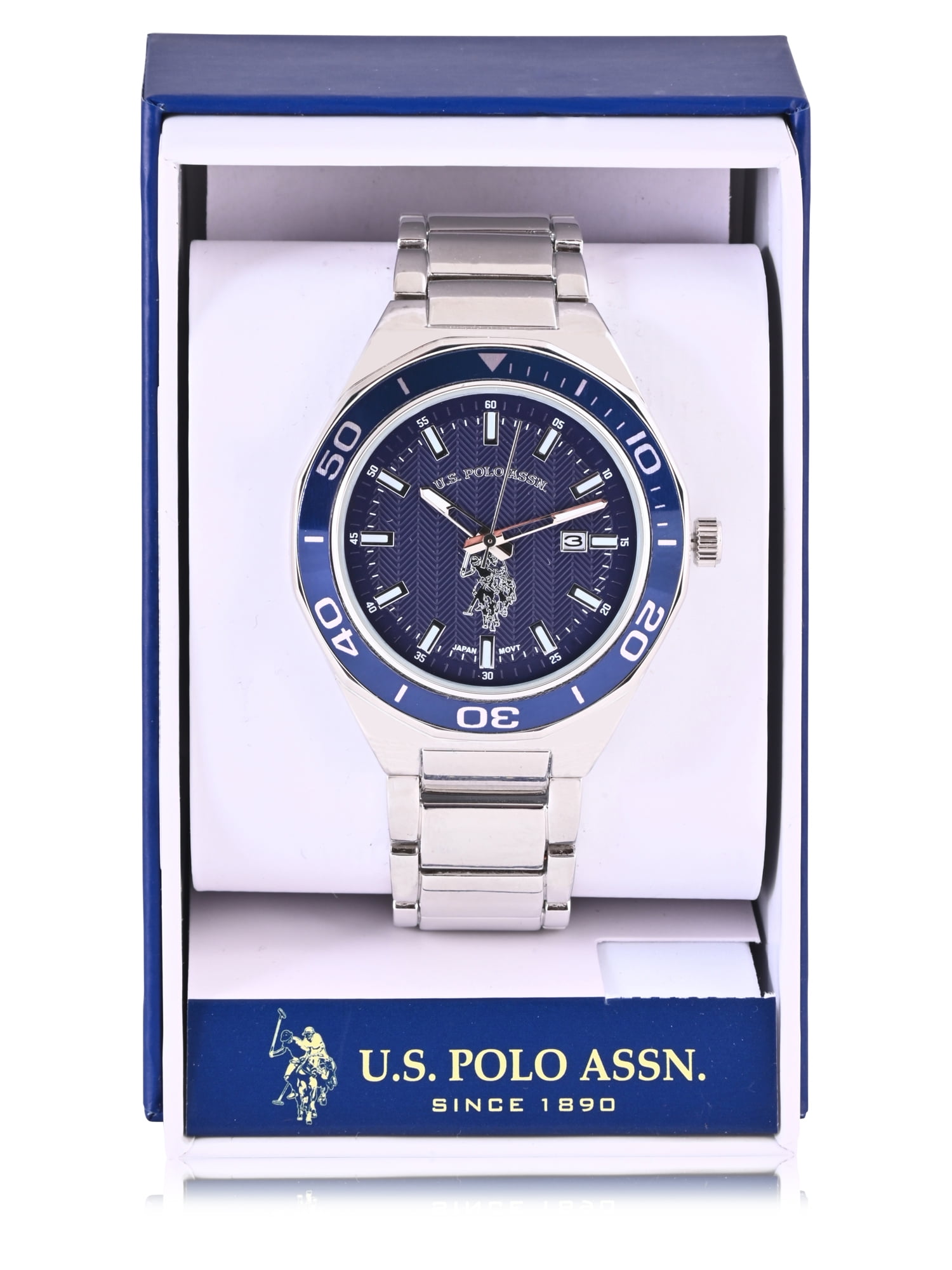 U.S. Polo Assn. Adult Male Silver Bracelet Analog Watch with Blue Sport Bezel & Blue Dial (USC80731WM) - Image 4