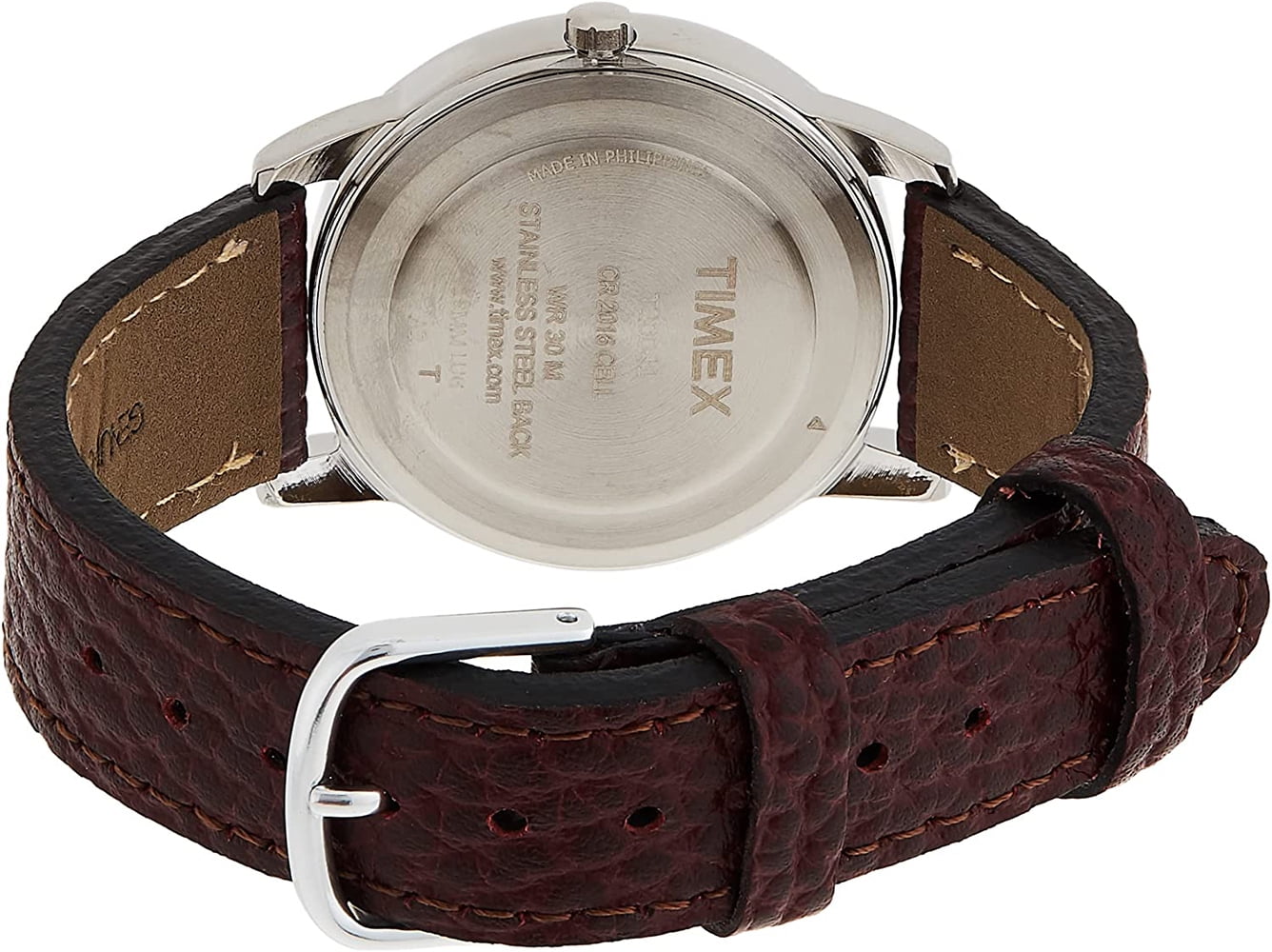 Timex Men's Easy Reader 35mm Day-Date Watch – Silver-Tone Case White Dial with Dark Brown Leather Strap - Image 3