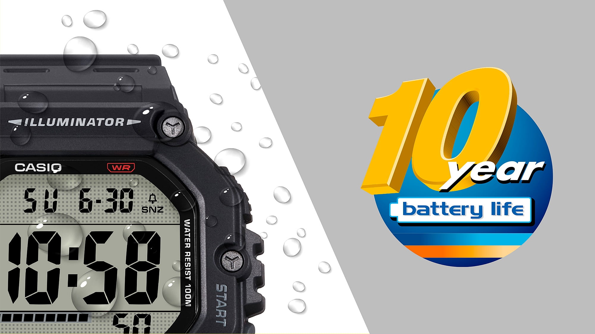 Casio Mens Digital Wristwatch Large Lcd 10-Yr Battery 100M Wr Stopwatch Gray - Image 3