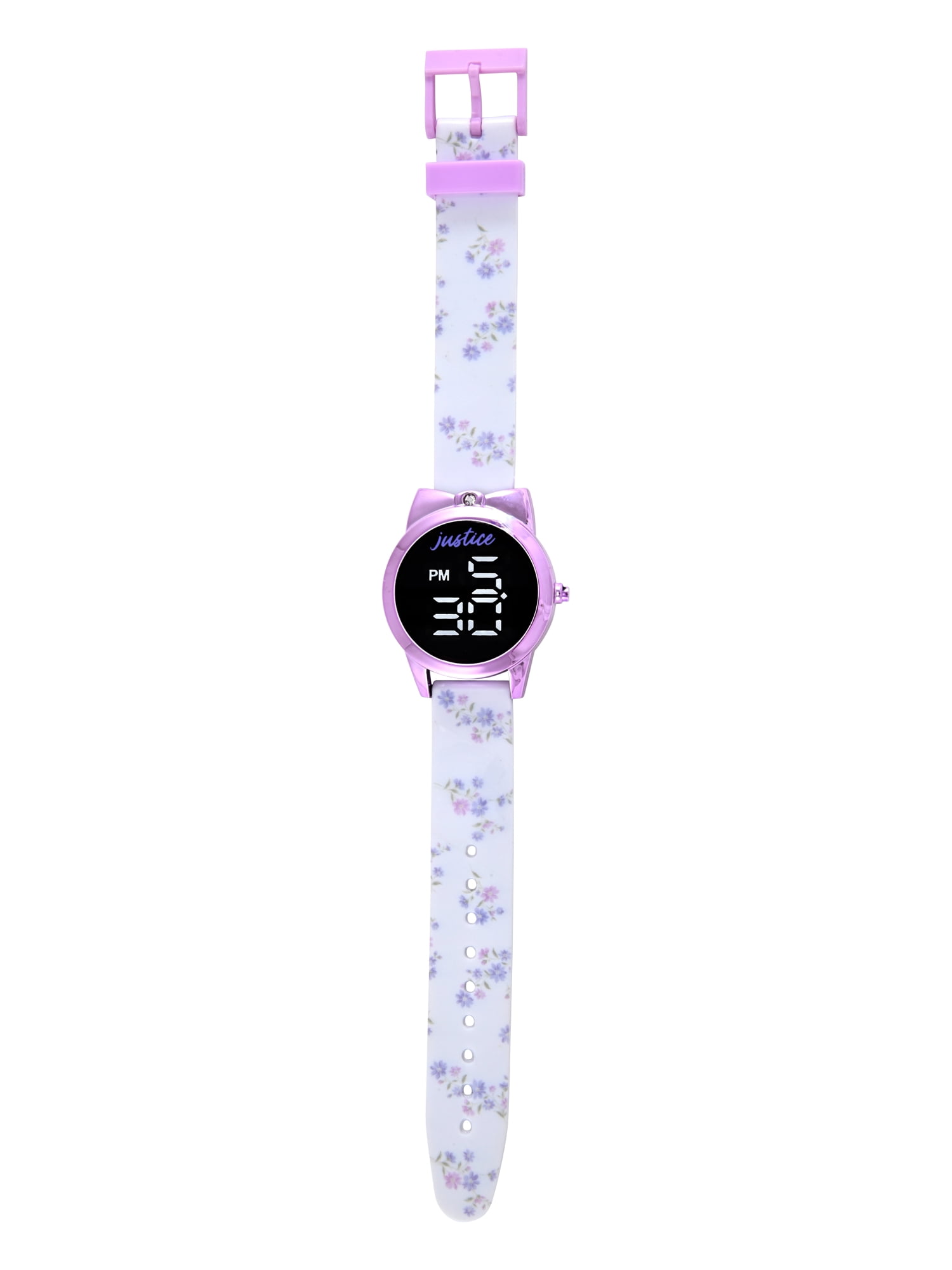 Justice Girls White Floral Printed Silicone Strap Watch with Purple Metallic Bow Shaped Case & Matching Stretch Bracelets; JSE40312WM - Image 4
