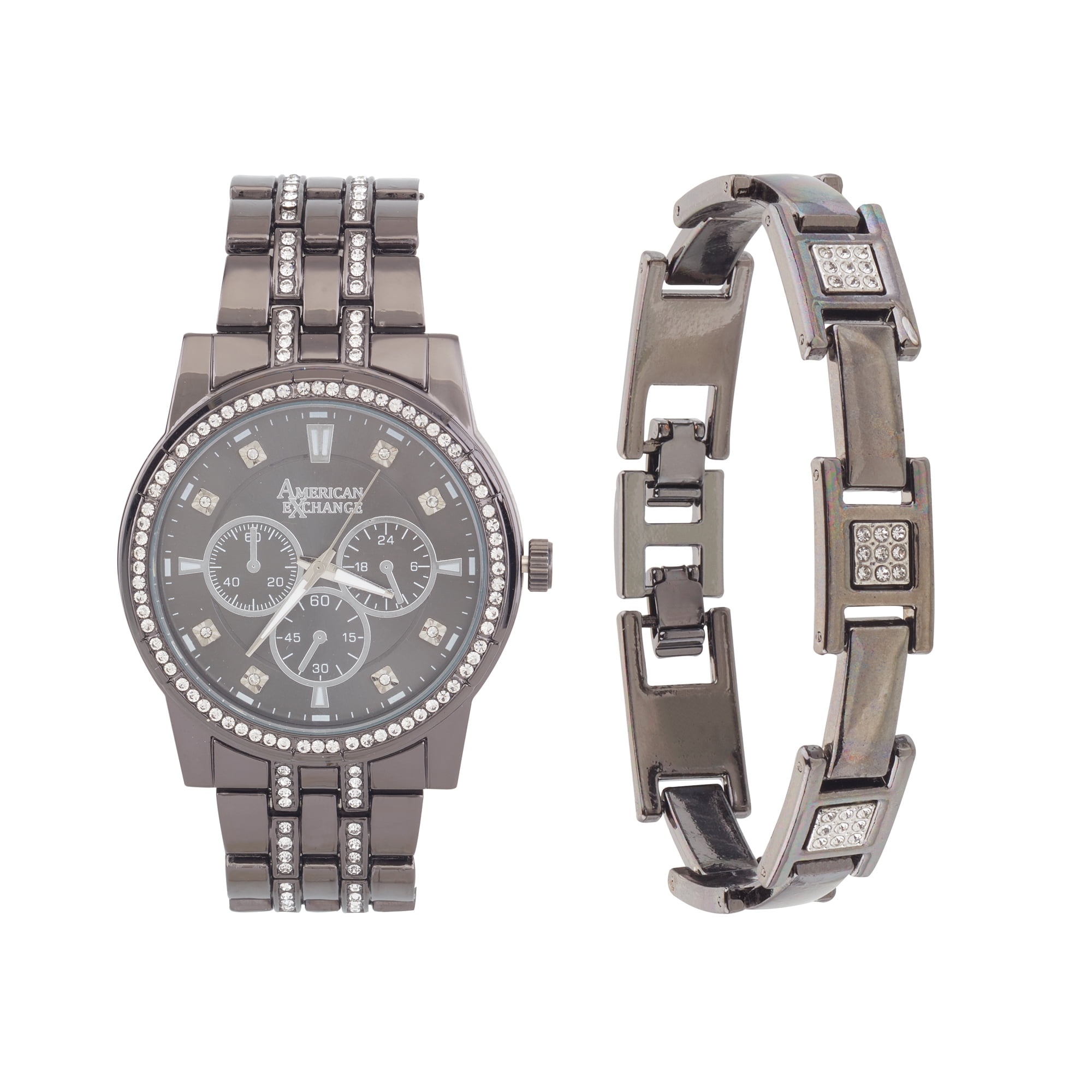 American Exchange Men's Black Metal Bracelet Watch & Bracelet Set
