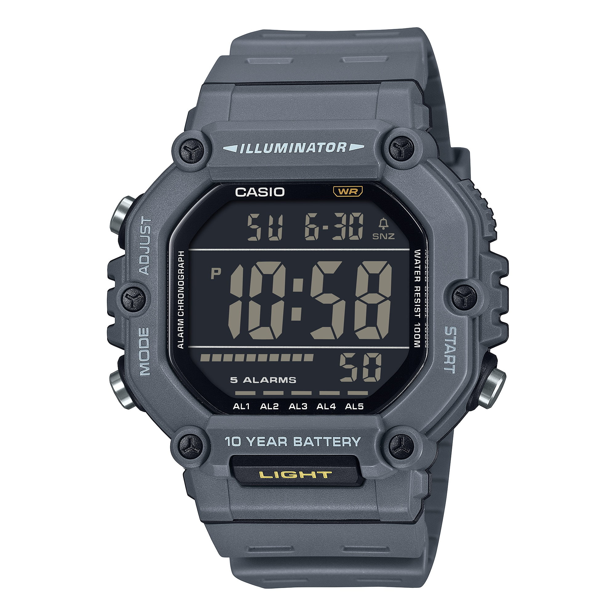 Casio Mens Digital Wristwatch Large Lcd 10-Yr Battery 100M Wr Stopwatch Gray