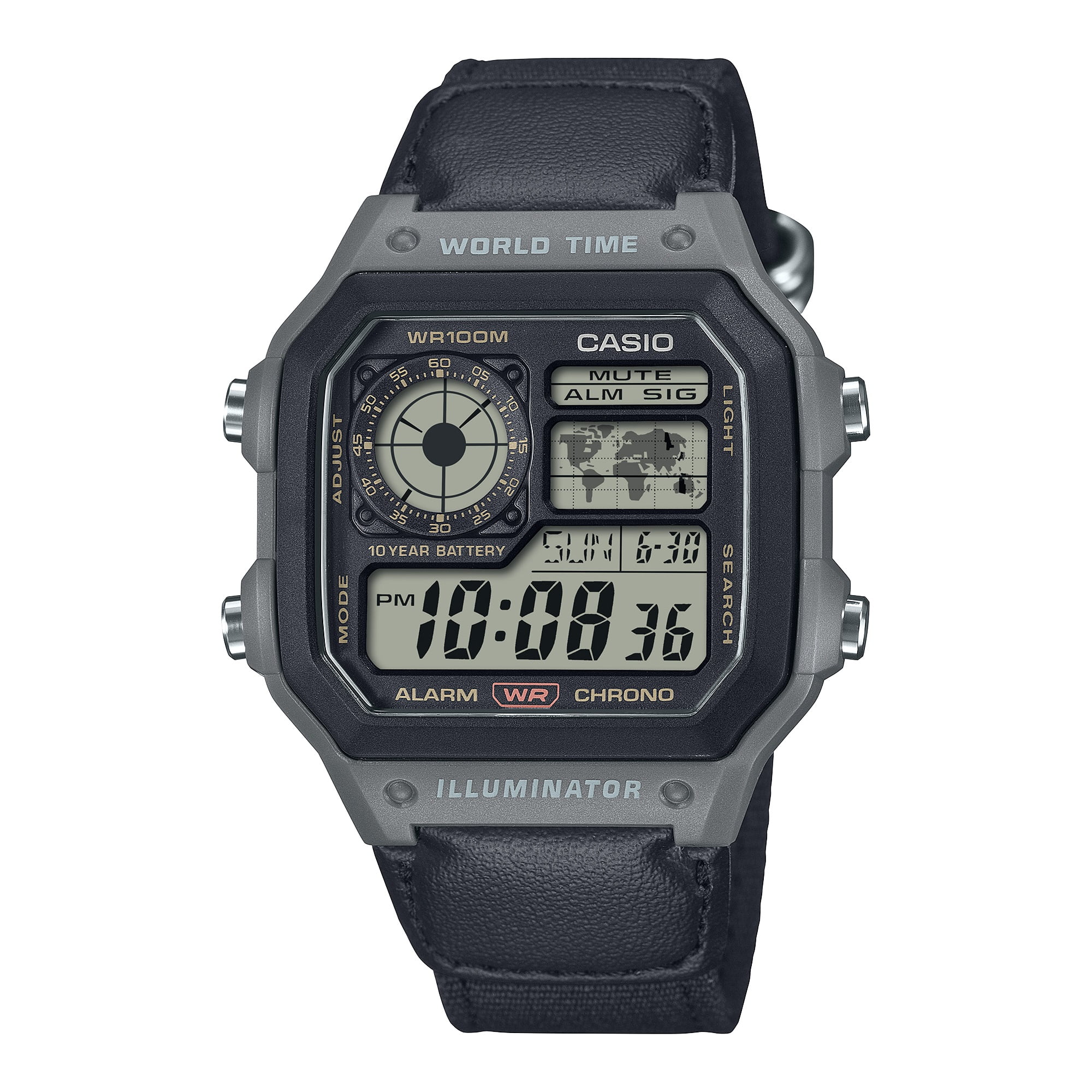 Casio Mens Digital Wristwatch Utility Collection 10-Year Battery Cloth Band Gray