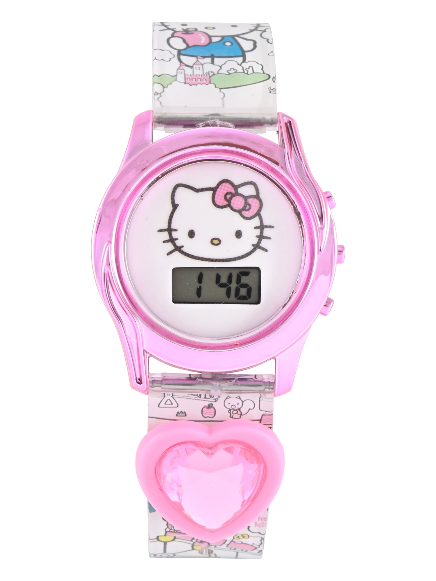 San Rio Hello Kitty Girls White Printed Silicone Strap Watch With Slide On Heart Charm; HK4255WM