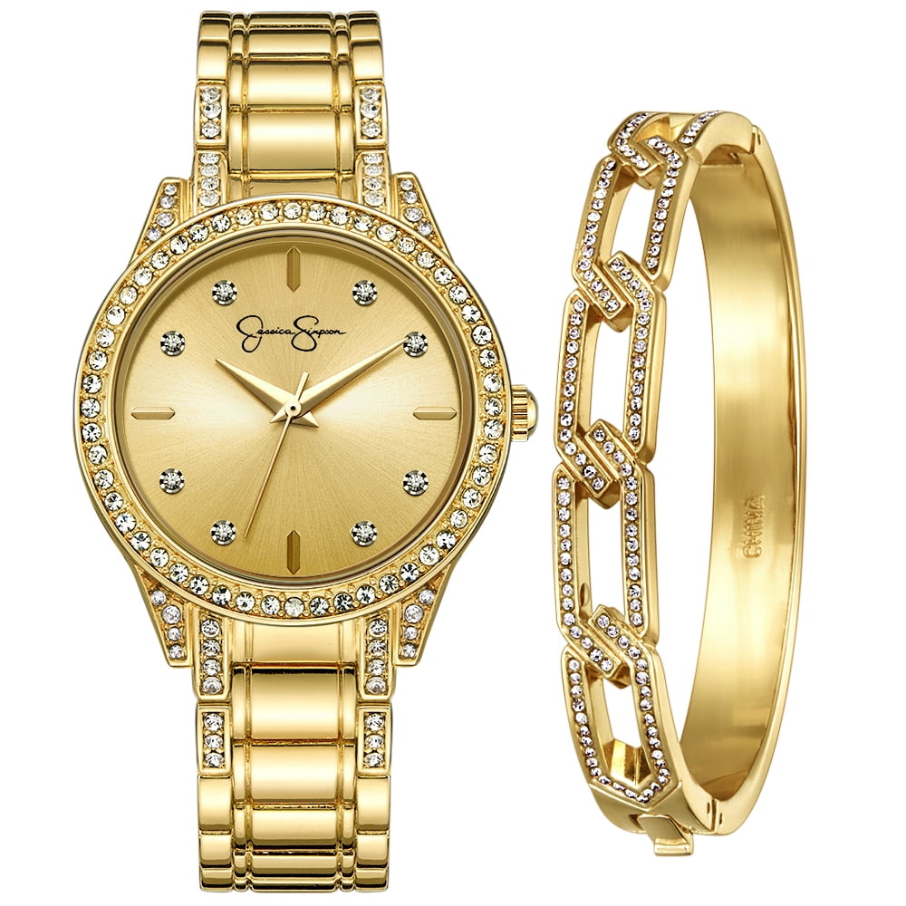 Jessica Simpson Ladies 35mm Gold Tone Crystal Encrusted Bracelet Watch & Open Link Crystal Bangle Set