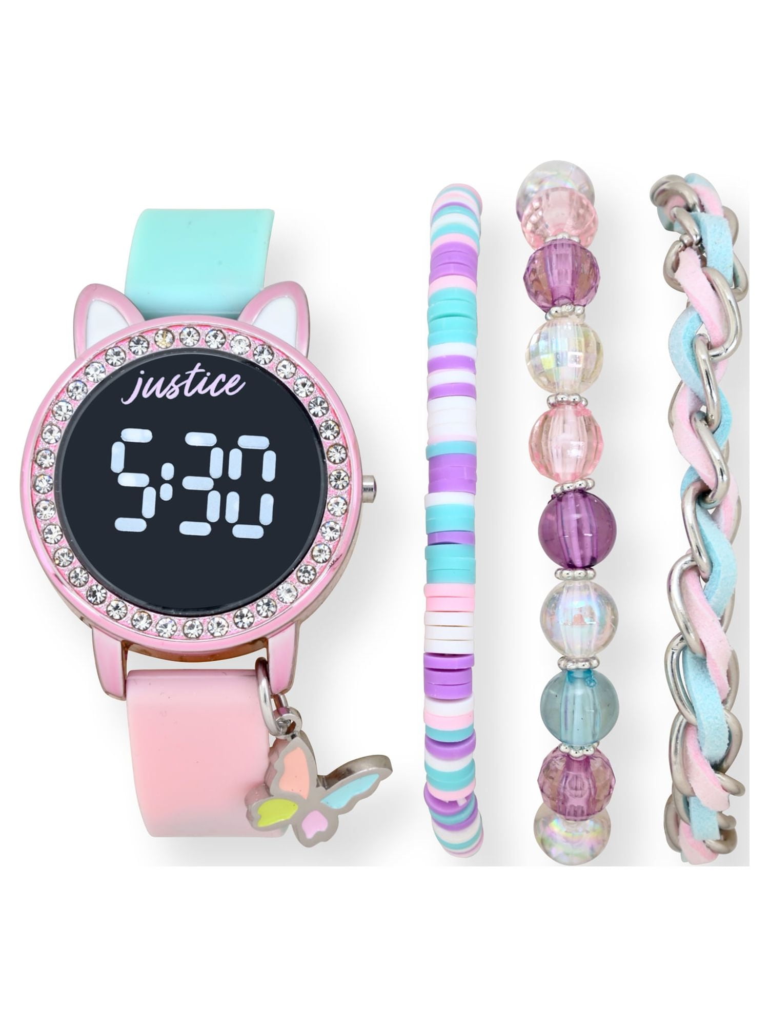 Justice Girl's LED Silicone Watch and Matching Bracelet 4 Piece Set