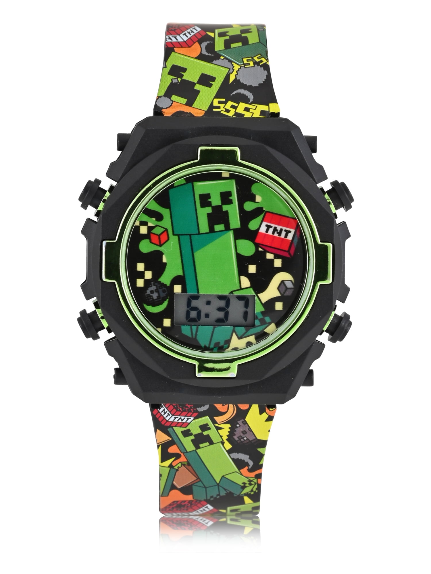 MIN4212WM Minecraft Kids Contrast Colored Case Flashing Lights LCD Watch with Printed Strap