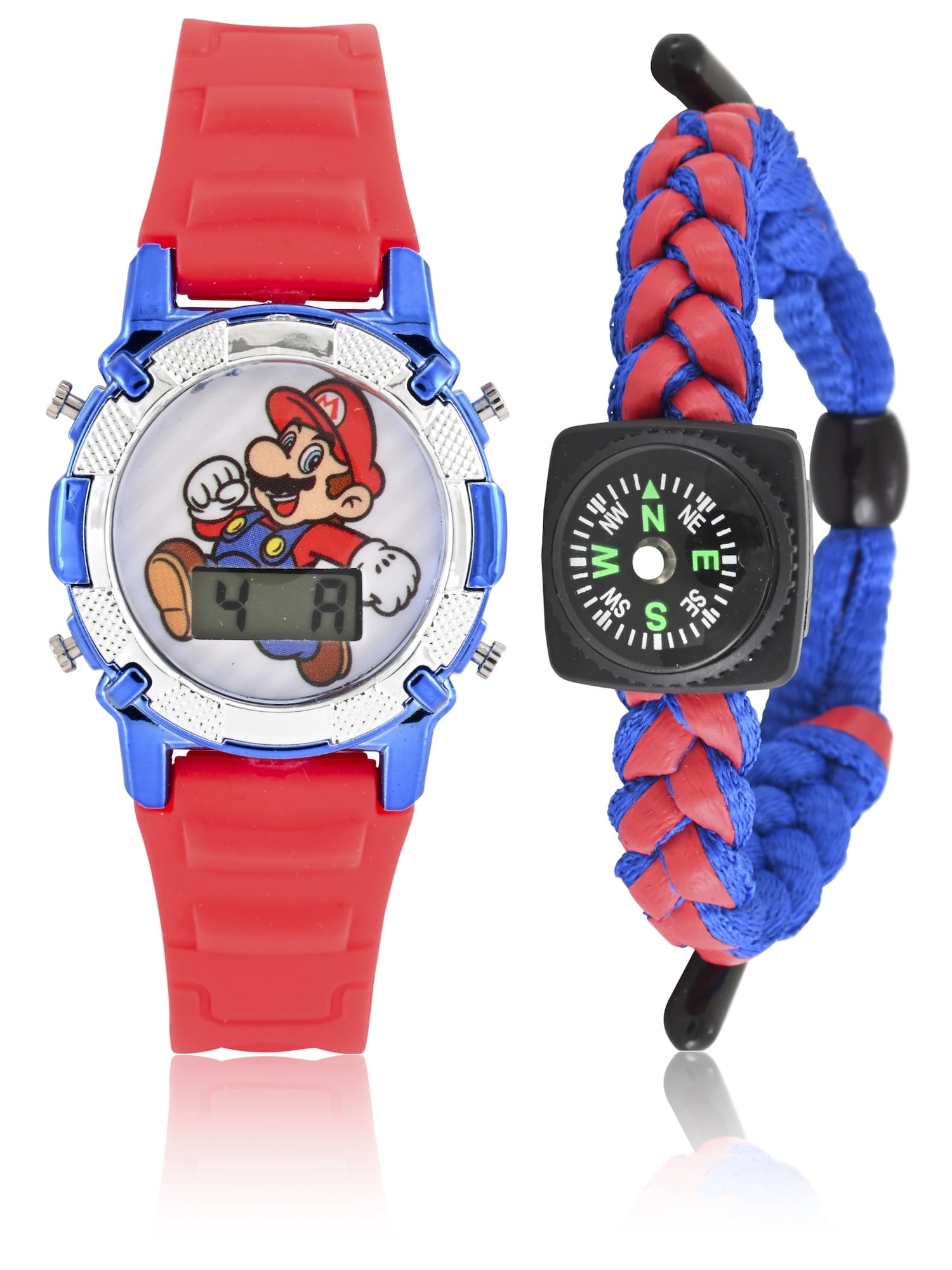 Mario Kids Flashing Lights LCD Watch with Matching Woven Compass Set (GSM40085WM)