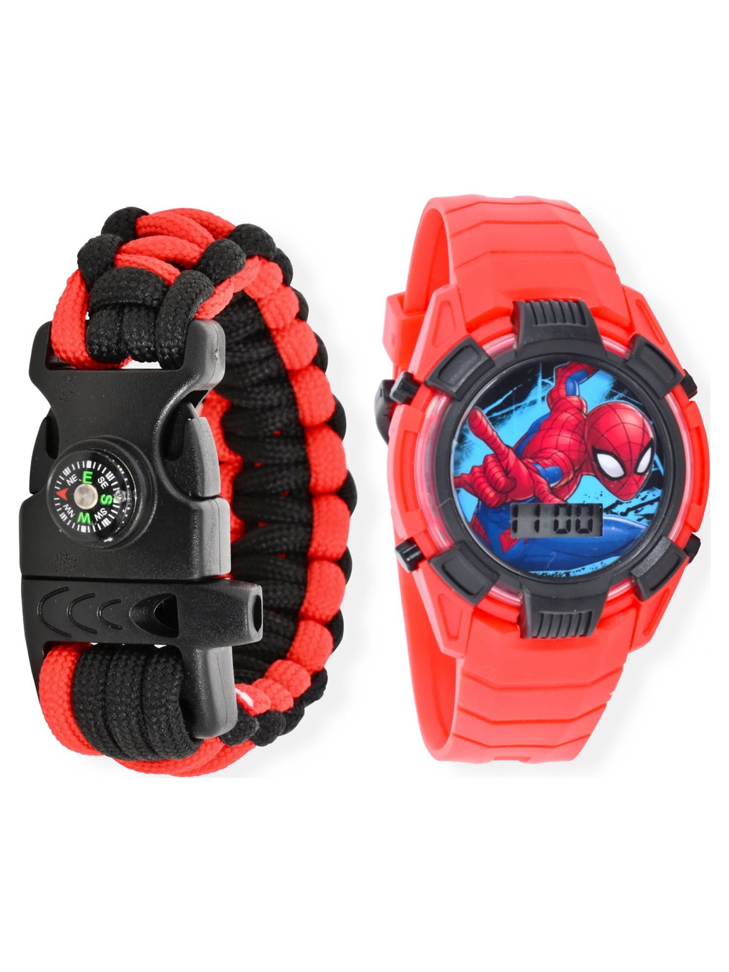 Marvel Spider Man Boy's Flashing LCD Red Silicone Watch With Matching Survival Band 2 Piece Set
