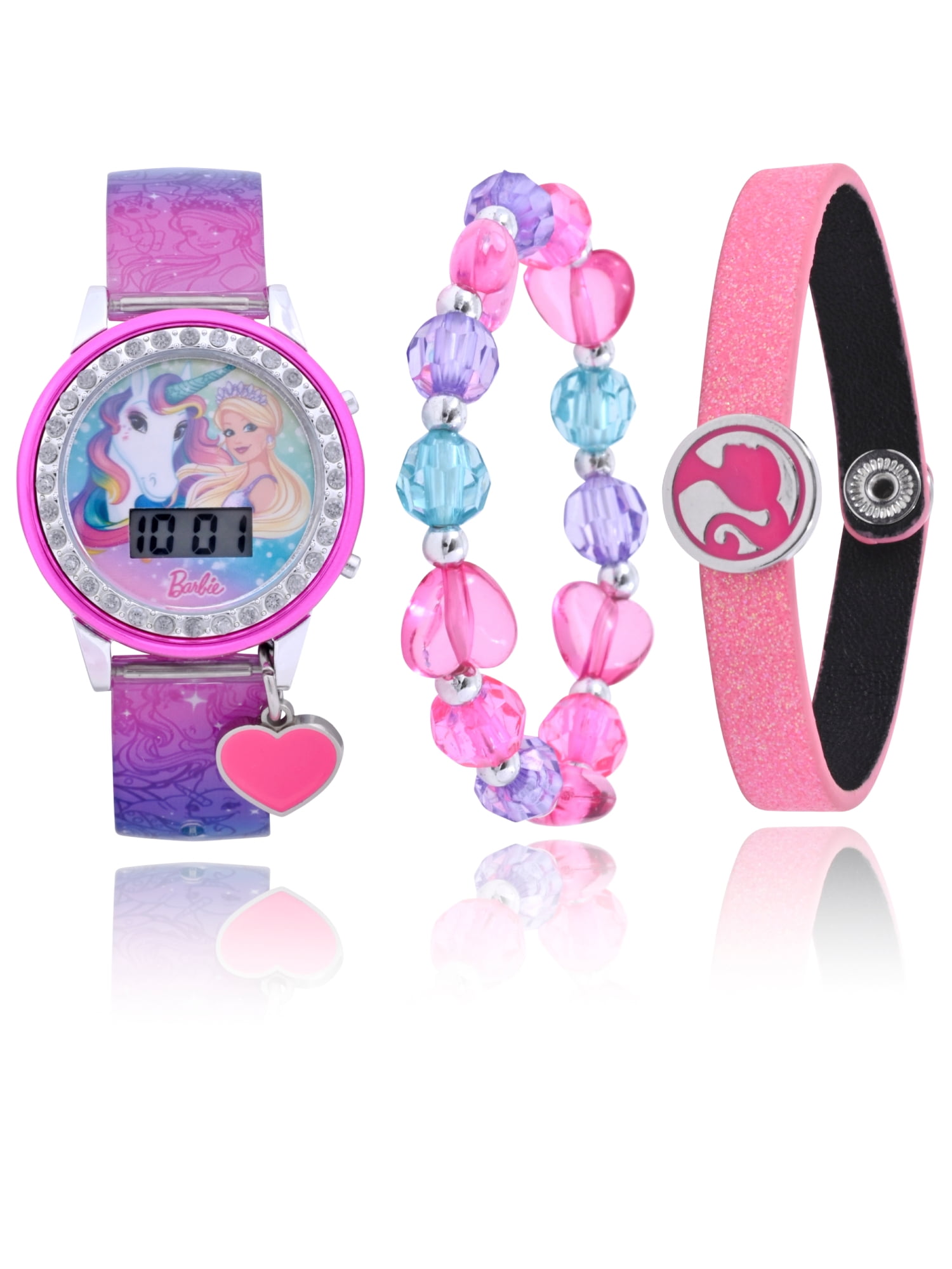 Mattel Barbie Girls Flashing LCD Pink Ombre Silicone Watch & Matching Bracelet 3 Piece Set