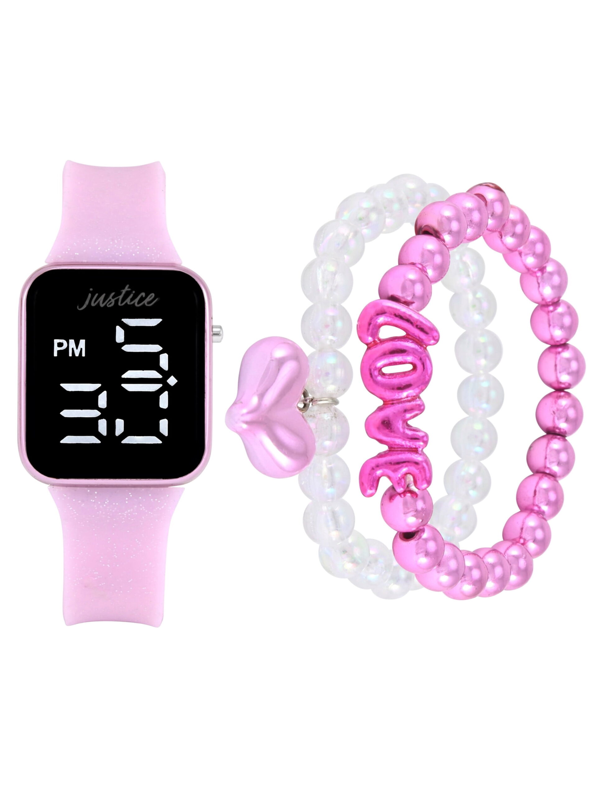 Justice Girls Pink Glitter Silicone Strap Led Watch with Matching Stretch Bracelets; JSE4016WM