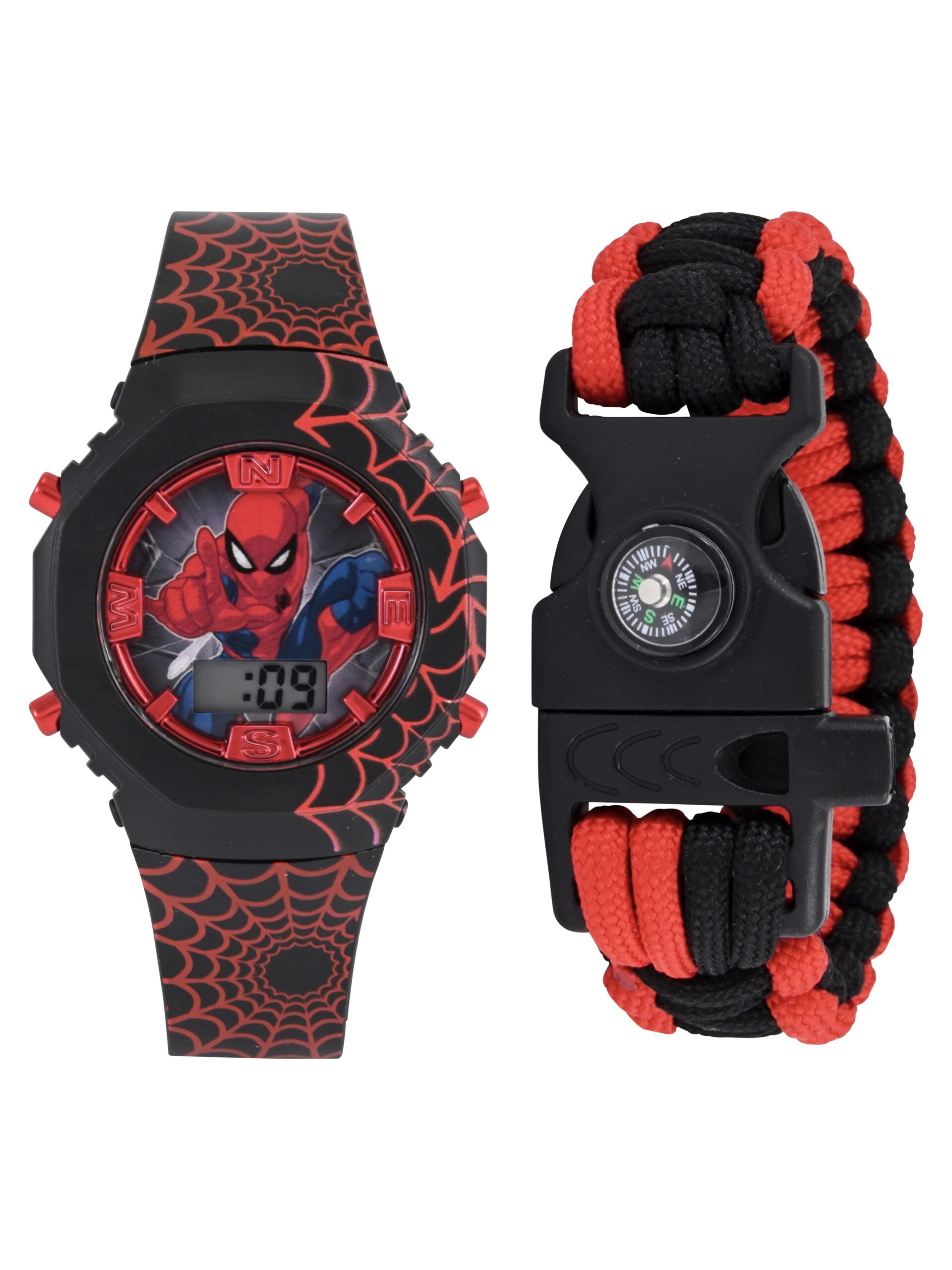 Marvel Spider-Man Unisex Child 2pc Red and Black Watch and Survival Bracelet Set, SPD40203WM
