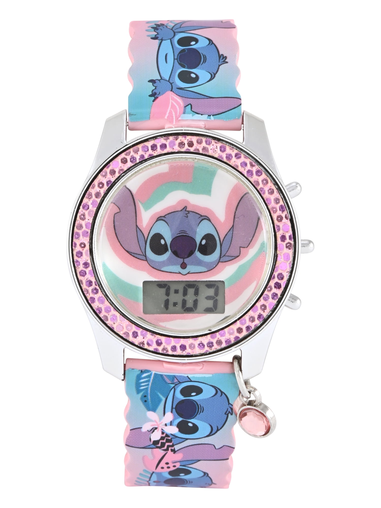 Disney Lilo & Stitch Pink Scalloped Silicone Strap with Pink Crystal Bezel Watch; LAS4095WM