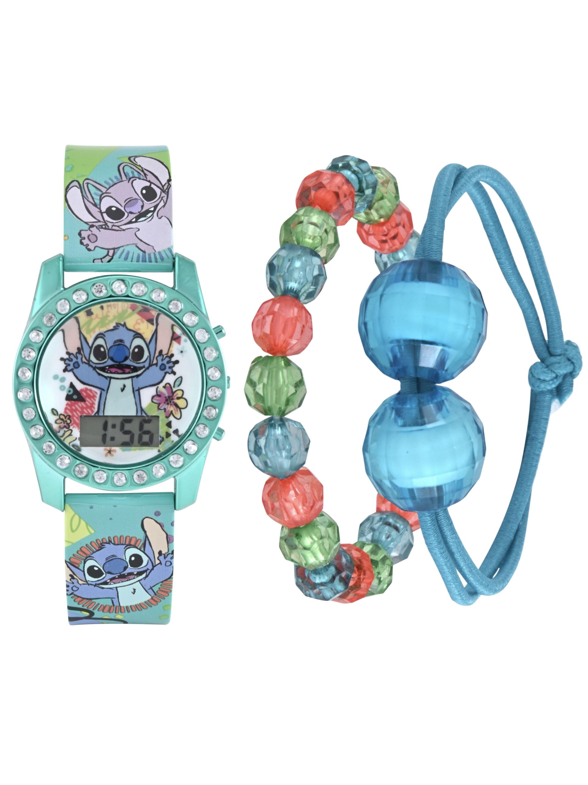 Disney Lilo & Stitch Turquoise Printed Silicone Strap Watch with Matching Turquoise Metallic Case and Beaded Braeletes; LAS40052WM