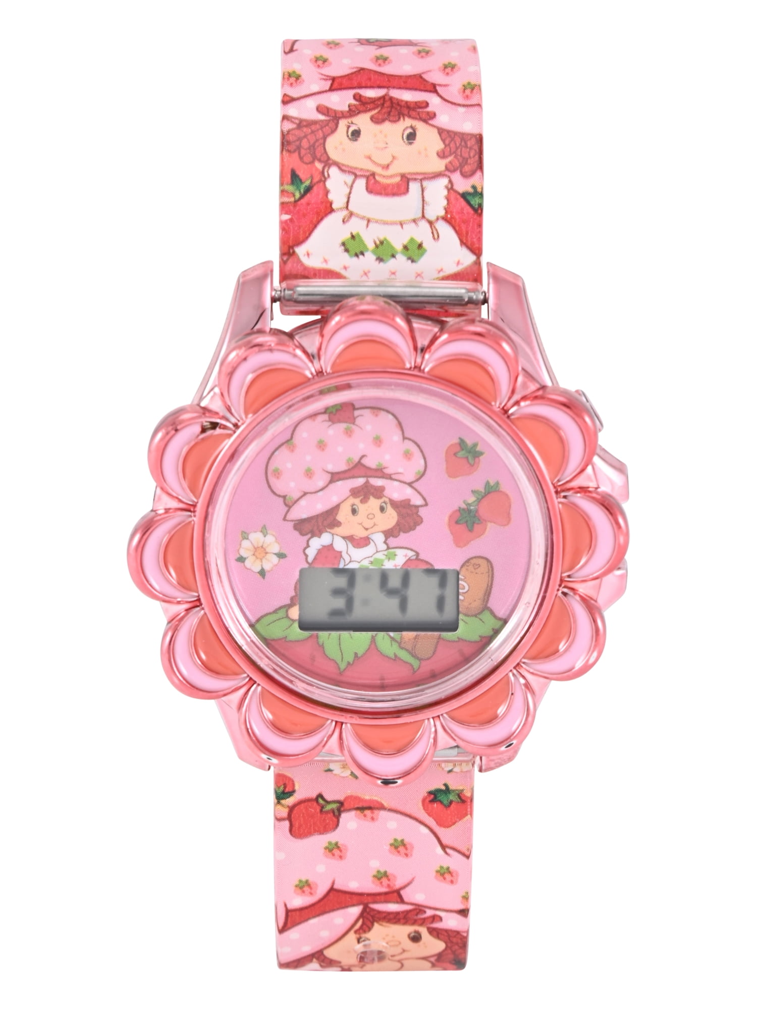 Strawberry Shortcake Grils Pink Strawberry Printed Silicone Strap Watch with Pink Scalloped Bezel; STR4013WM