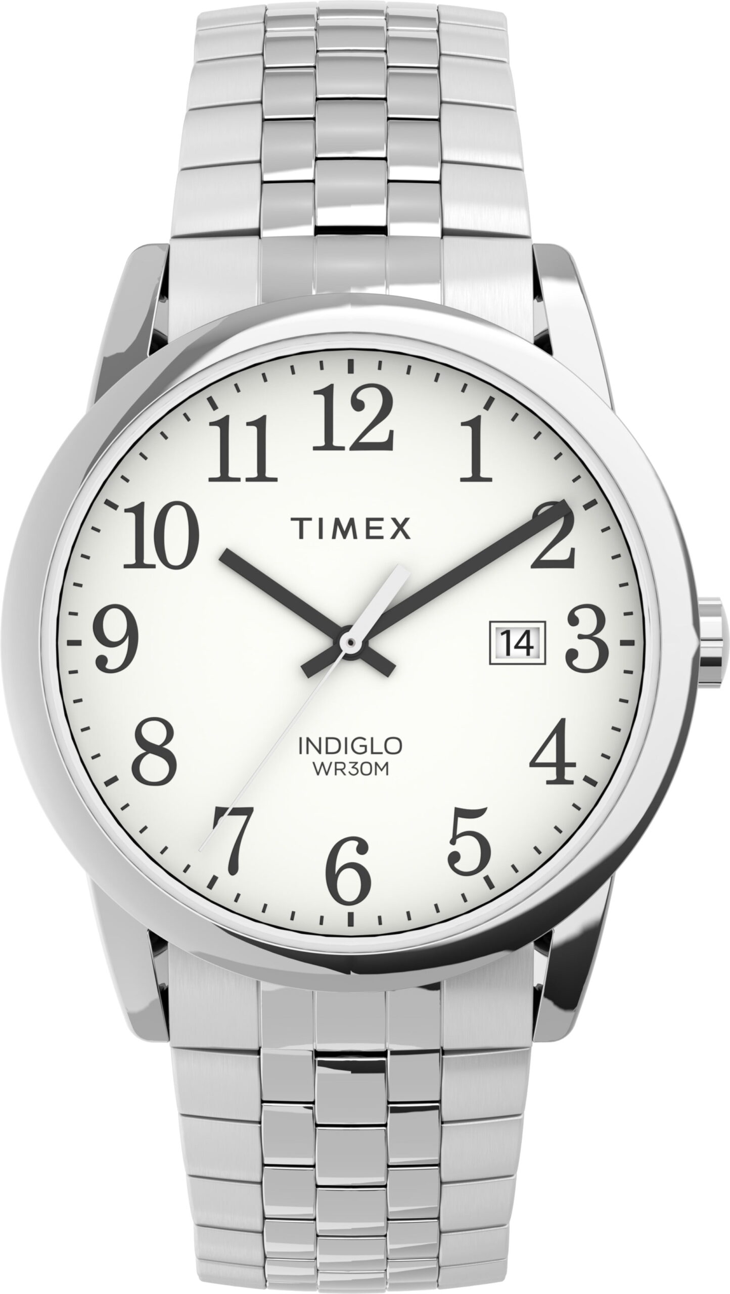 Timex Men's Easy Reader 38mm Perfect Fit Watch – Silver-Tone Case White Dial with Silver-Tone Expansion Band