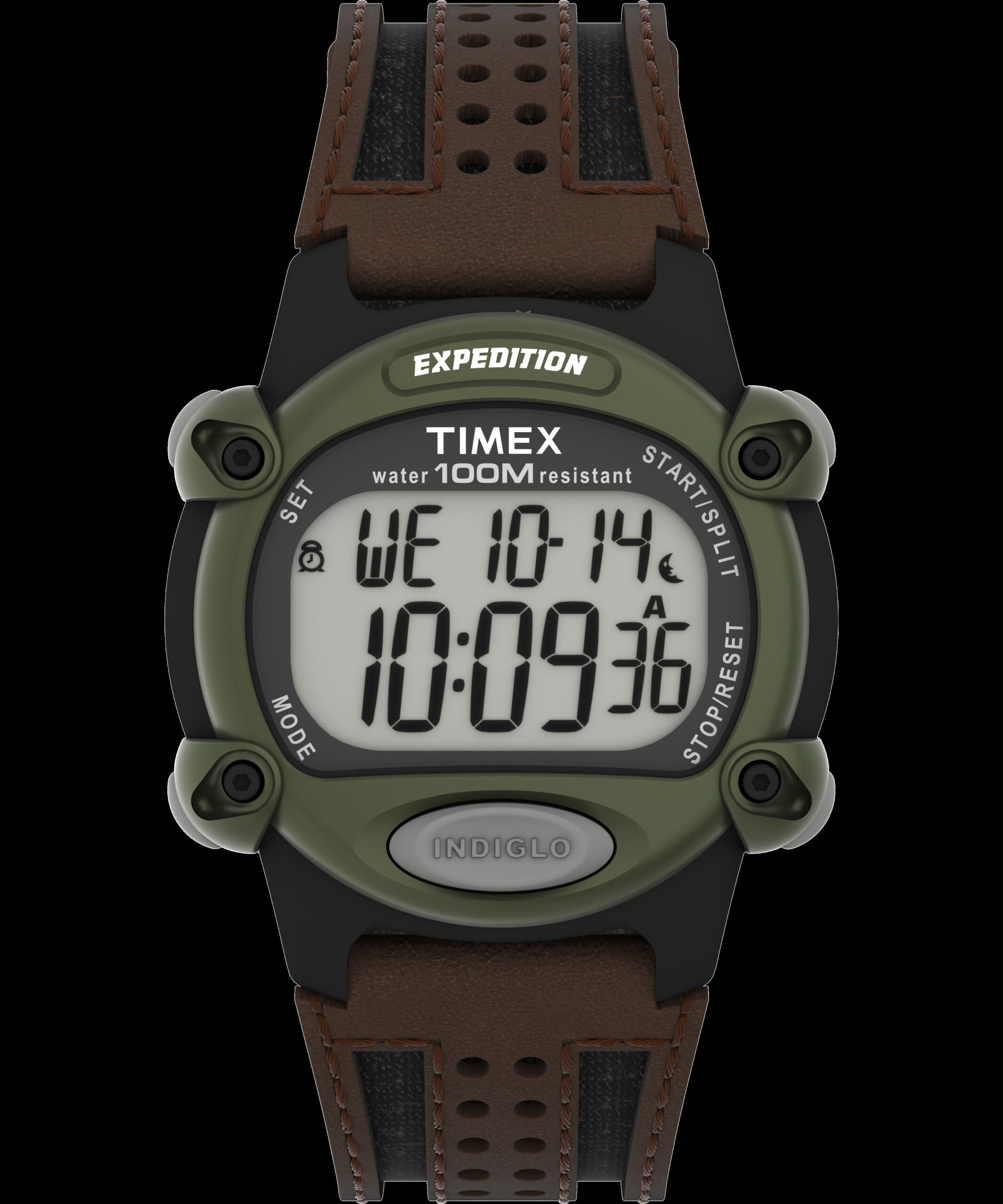 Timex Men's Expedition Digital CAT 39mm Watch – Green Case with Black & Brown Fabric & Leather Strap