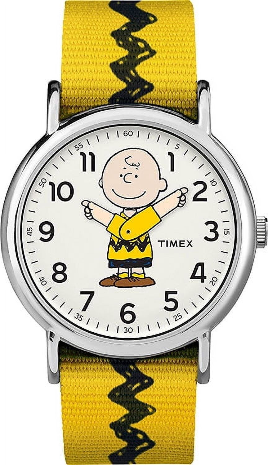 Timex x Peanuts Unisex Weekender 38mm Watch – Charlie Brown with Yellow & Black Fabric Slip-Thru Strap