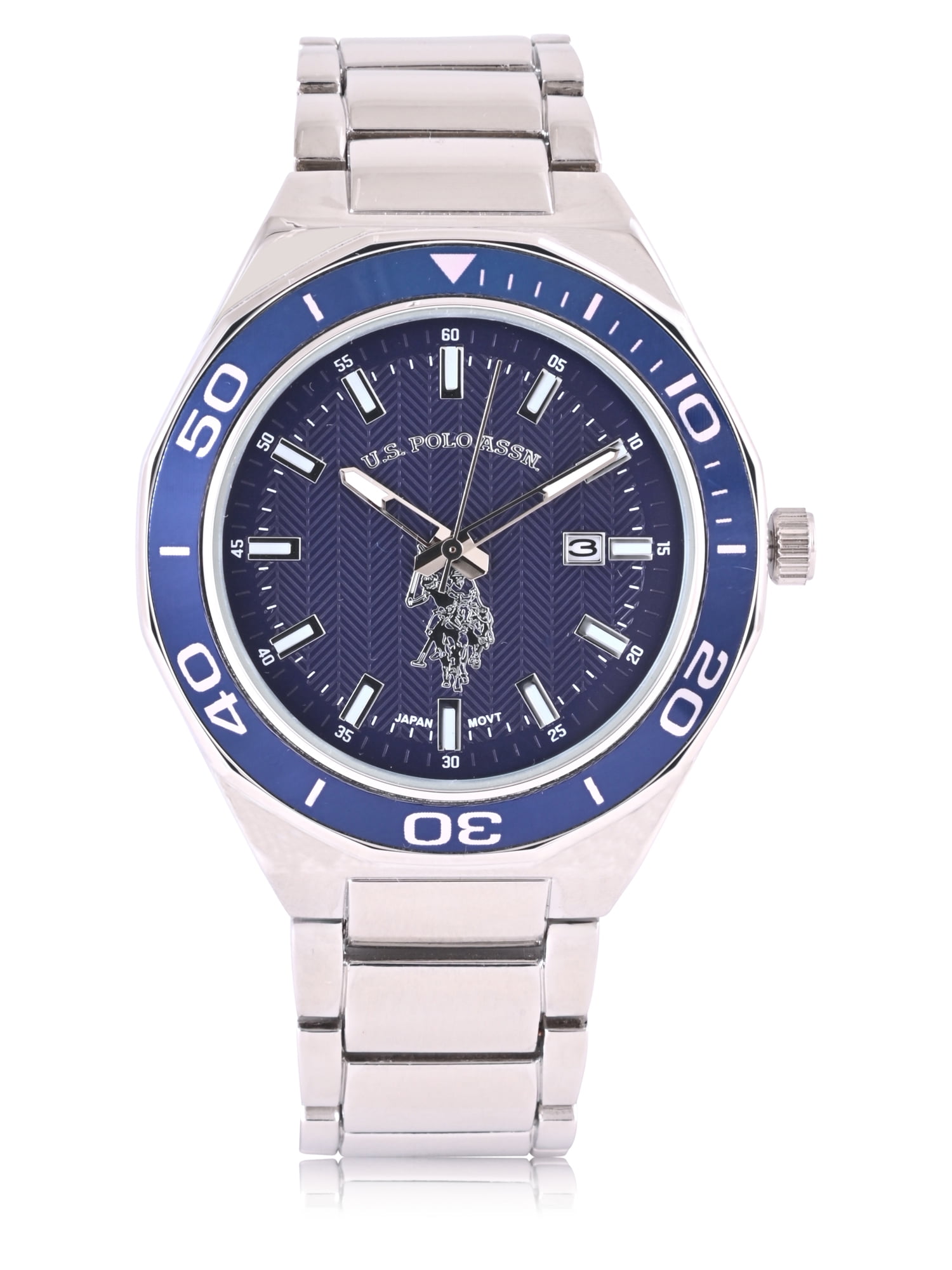 U.S. Polo Assn. Adult Male Silver Bracelet Analog Watch with Blue Sport Bezel & Blue Dial (USC80731WM)