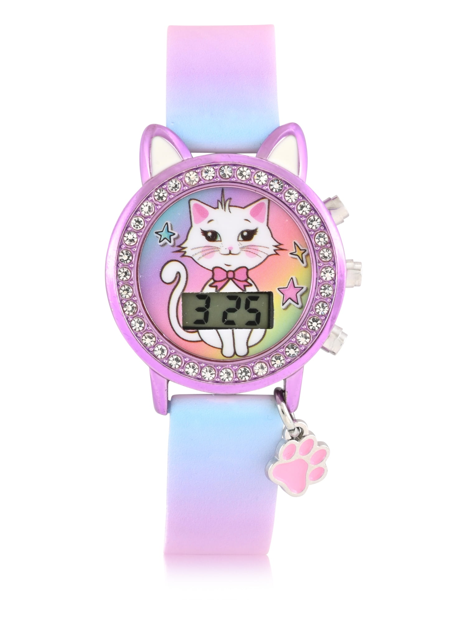 WN5036WM Wondernation Kids Flashing Lights LCD Watch with Printed Strap and Hanging Paw Print Charm