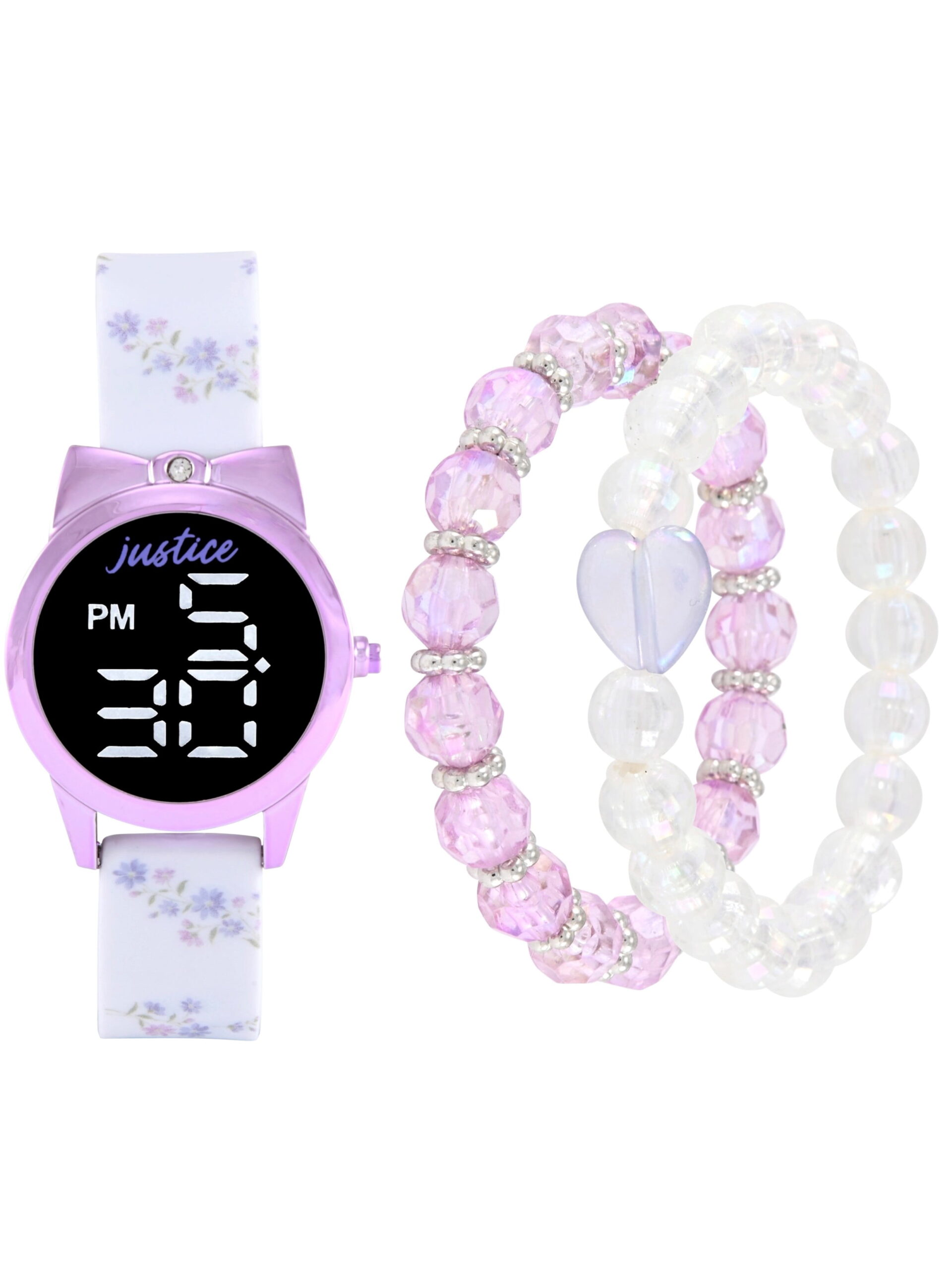 Justice Girls White Floral Printed Silicone Strap Watch with Purple Metallic Bow Shaped Case & Matching Stretch Bracelets; JSE40312WM