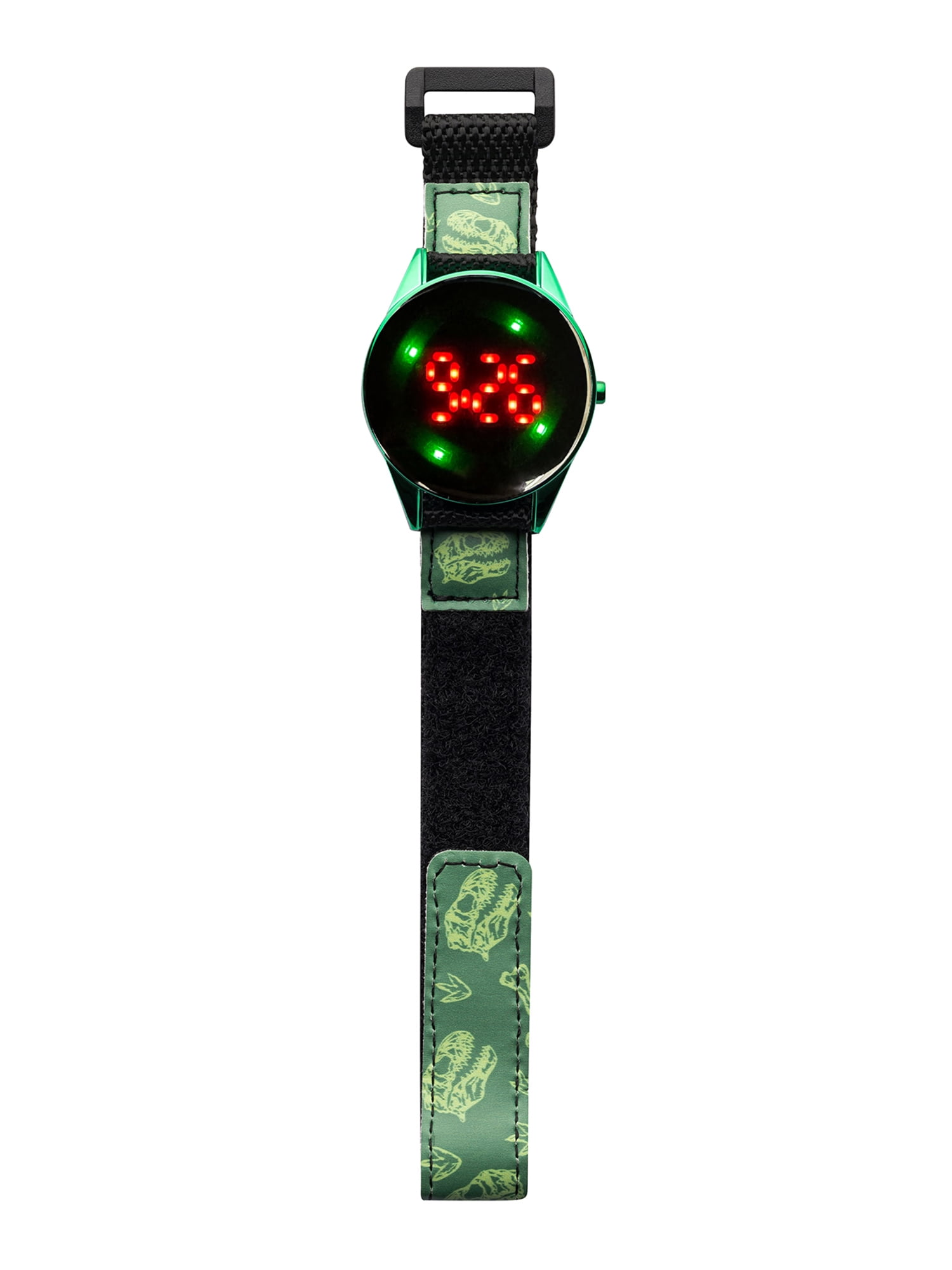 Wonder Nation Boys Round LED Dial Dino Print Velcro Kids Digital Watch, Green