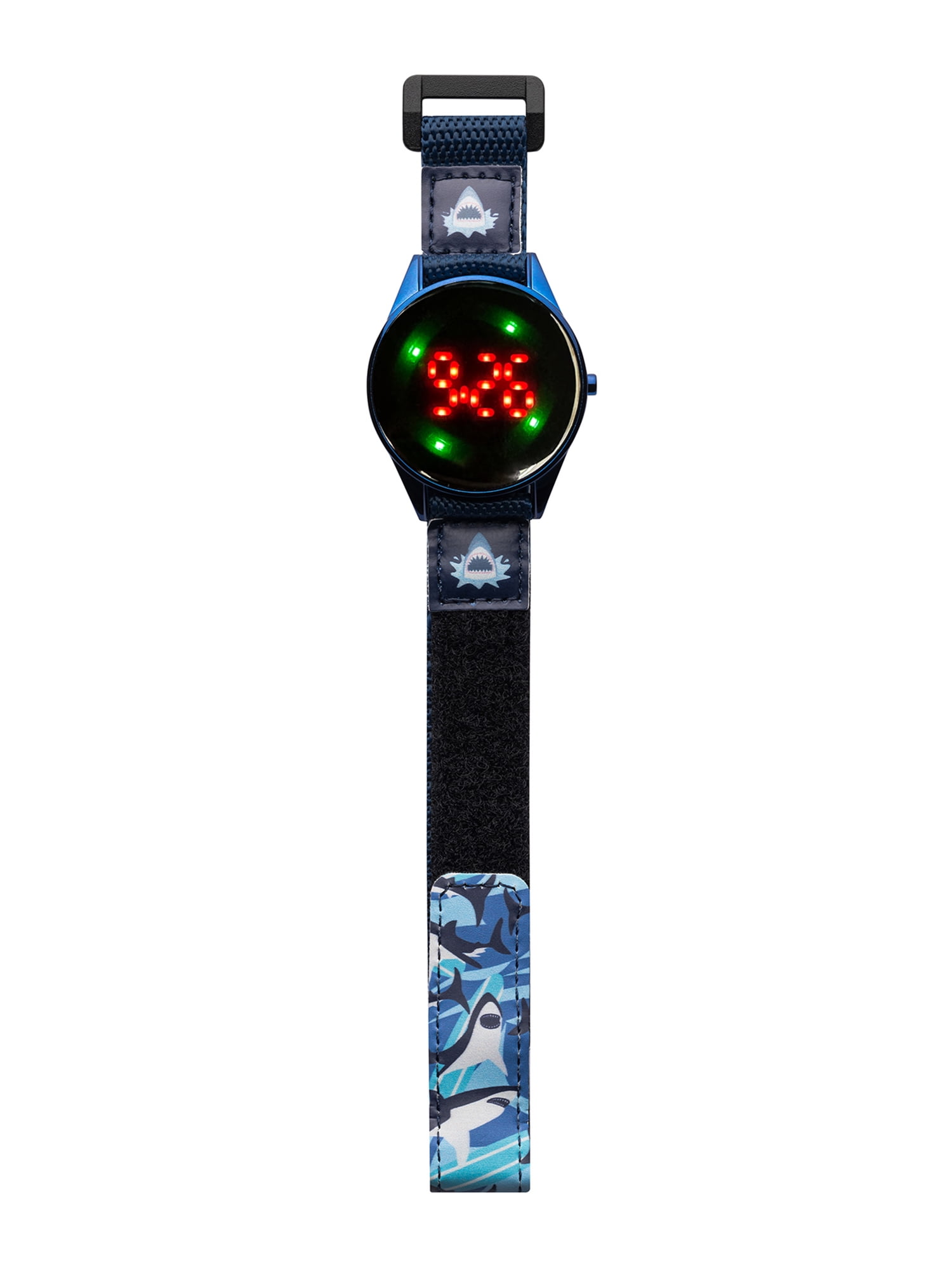 Wonder Nation Boys Round LED Dial Shark Print Velcro Kids Digital Watch, Blue