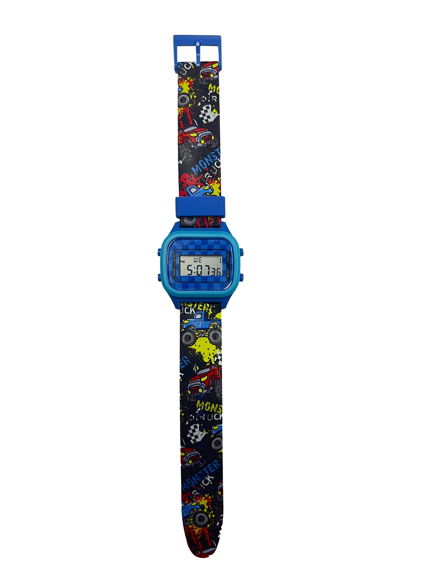 Wonder Nation Boys Round Multifunction LCD Kids Monster Truck Digital Wristwatch, Blue Multi Color, Silicone Strap