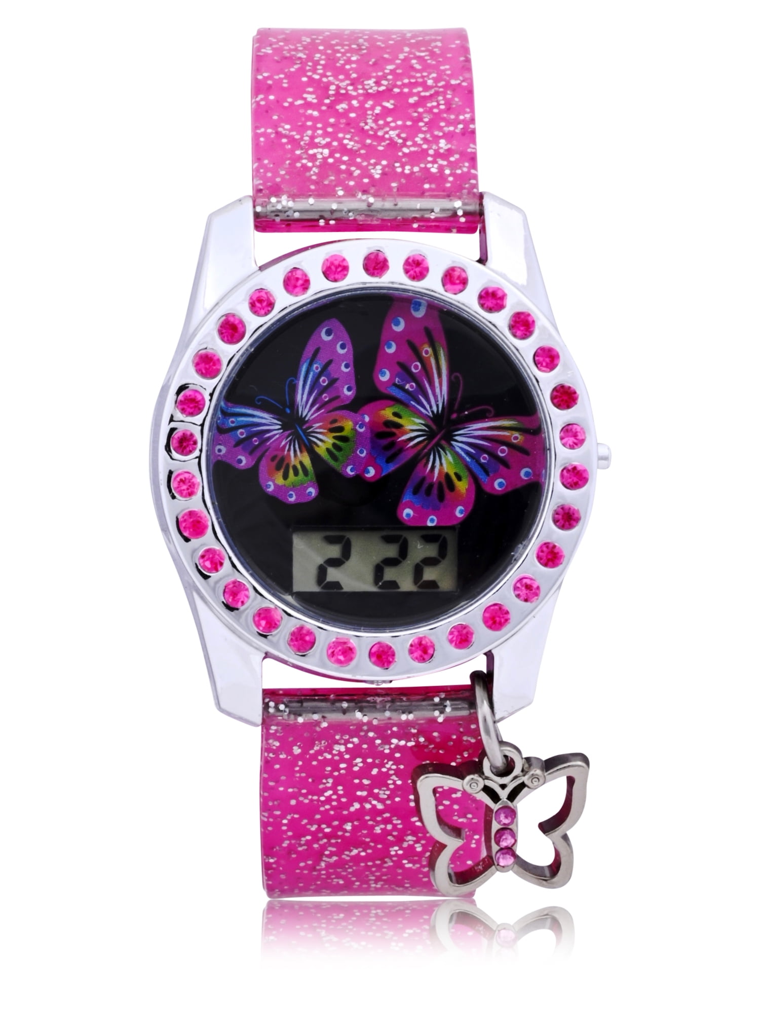 Wonder Nation Pink Glitter Butterfly LCD Watch with Silicone Strap with hanging Butterfly Charm (WN4295WM)