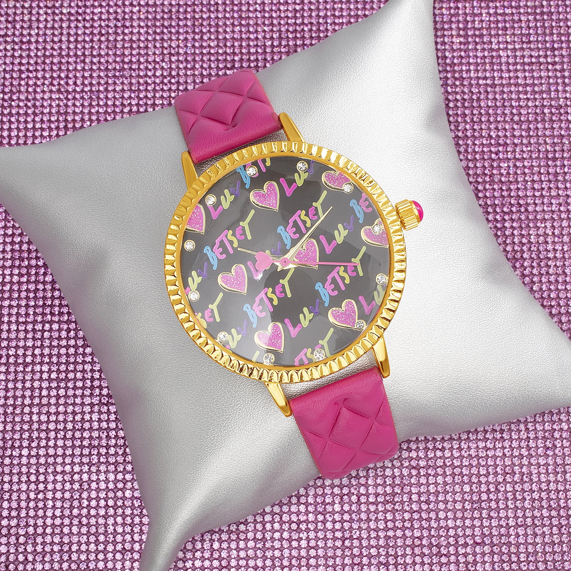 Luv Betsey Women's Black Dial with Color Glitter Printed with Gold Case and Pink Quilted Strap Women's Watch - Image 4