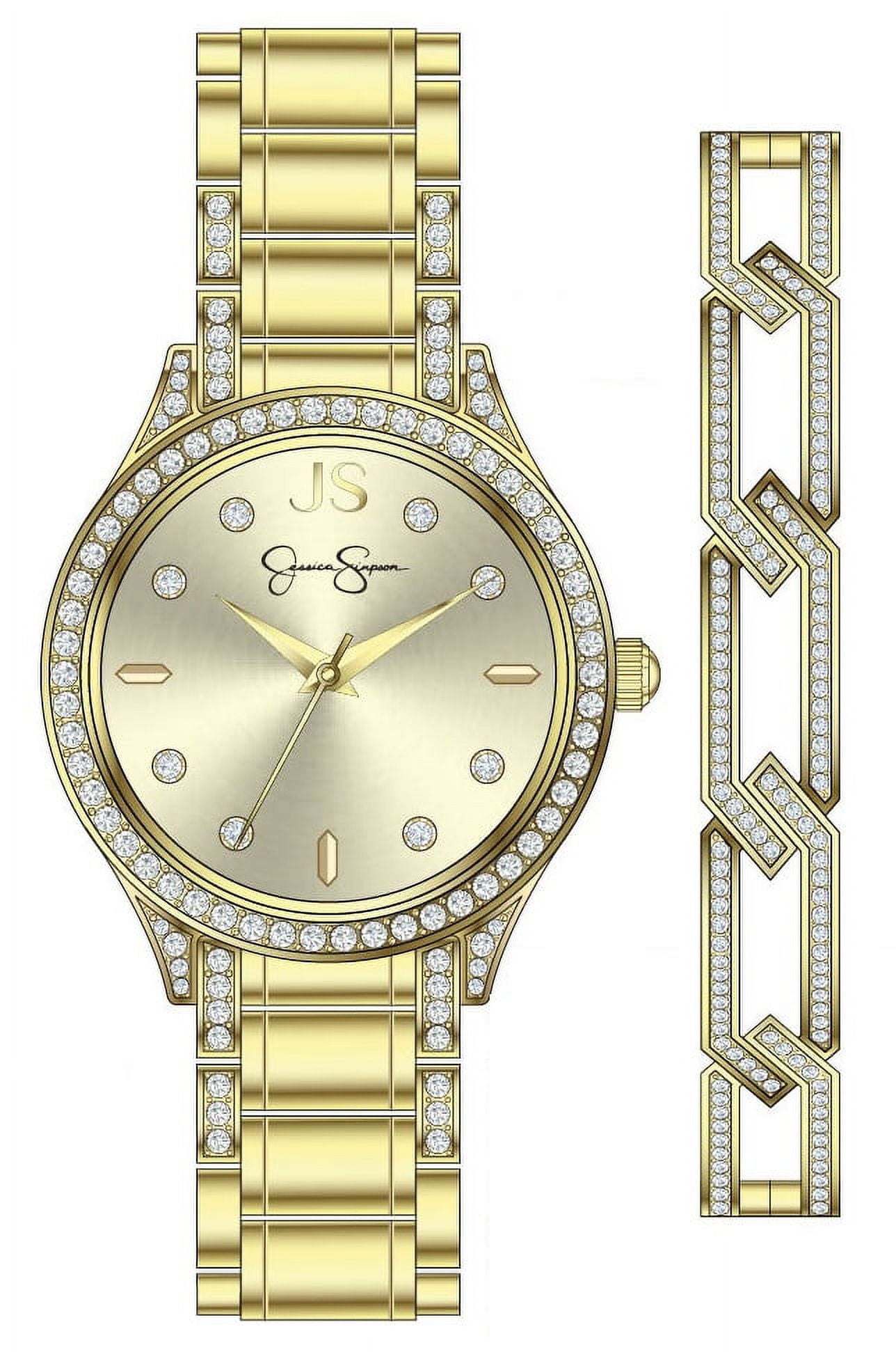 Jessica Simpson Ladies 35mm Gold Tone Crystal Encrusted Bracelet Watch & Open Link Crystal Bangle Set - Image 2