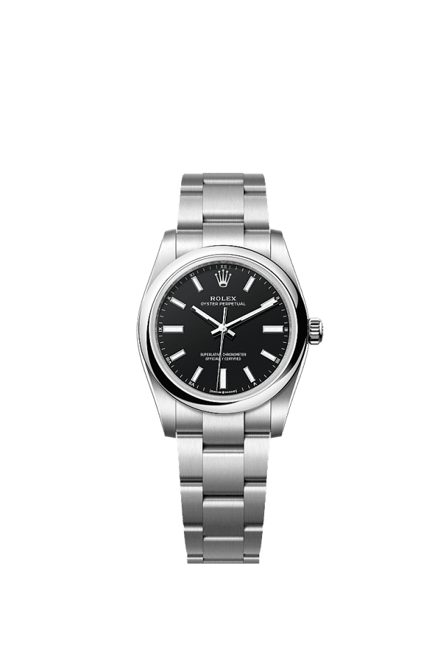 Unworn 2025, Rolex Oyster Perpetual, Oystersteel, 34mm, Black dial, Domed Oyster, Ref# 124200-0010, box and papers 1:1