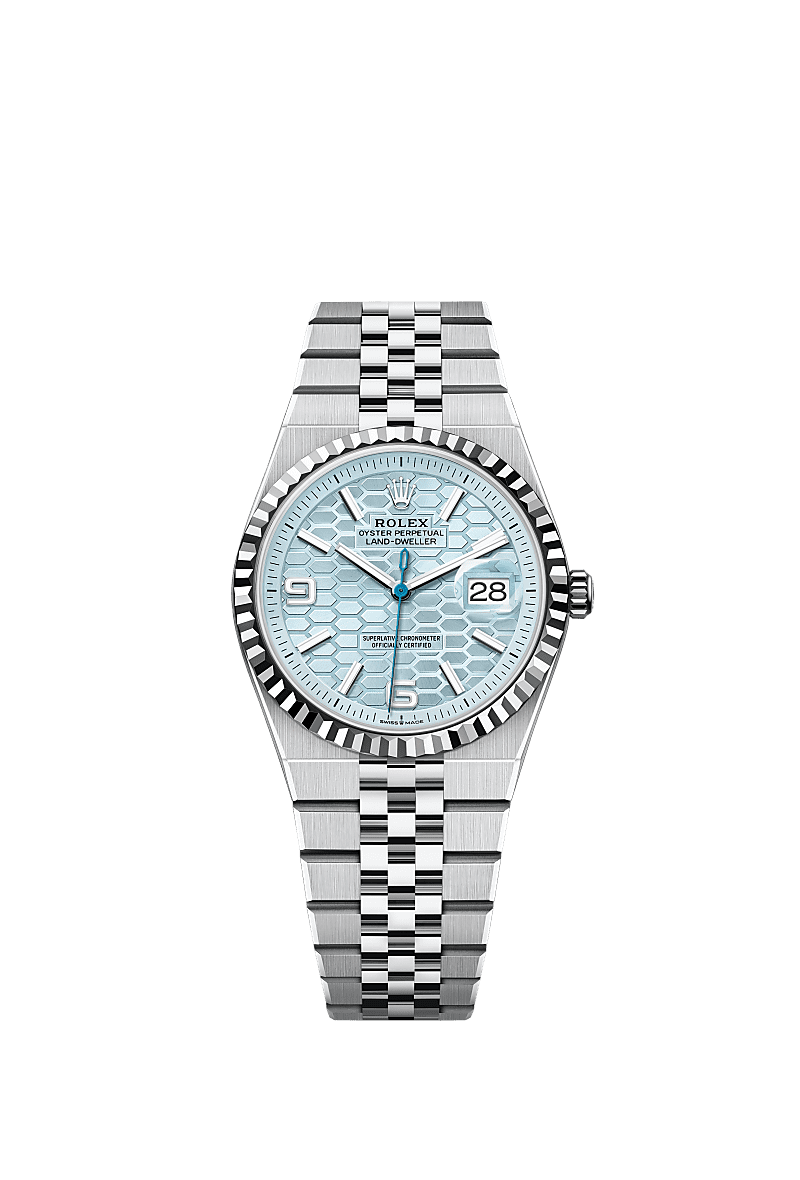 Unworn 2025, Rolex Land-Dweller 36, Platinum, Ice blue dial, Fluted Flat Jubilee, Ref# 127236-0001, box and papers 1:1