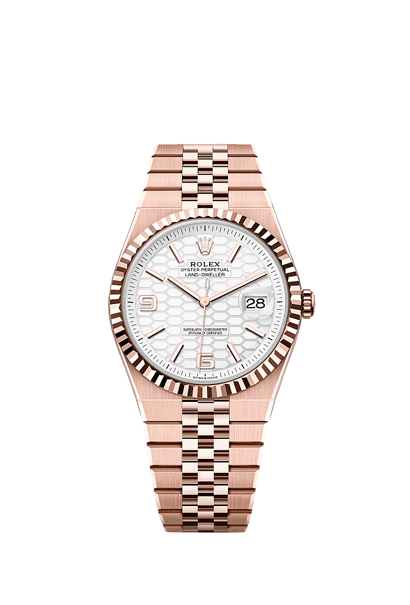 Unworn 2025, Rolex Land-Dweller 40, 18k Everose Gold, Intense white dial, Fluted Flat Jubilee, Ref# 127335-0001, box and papers 1:1