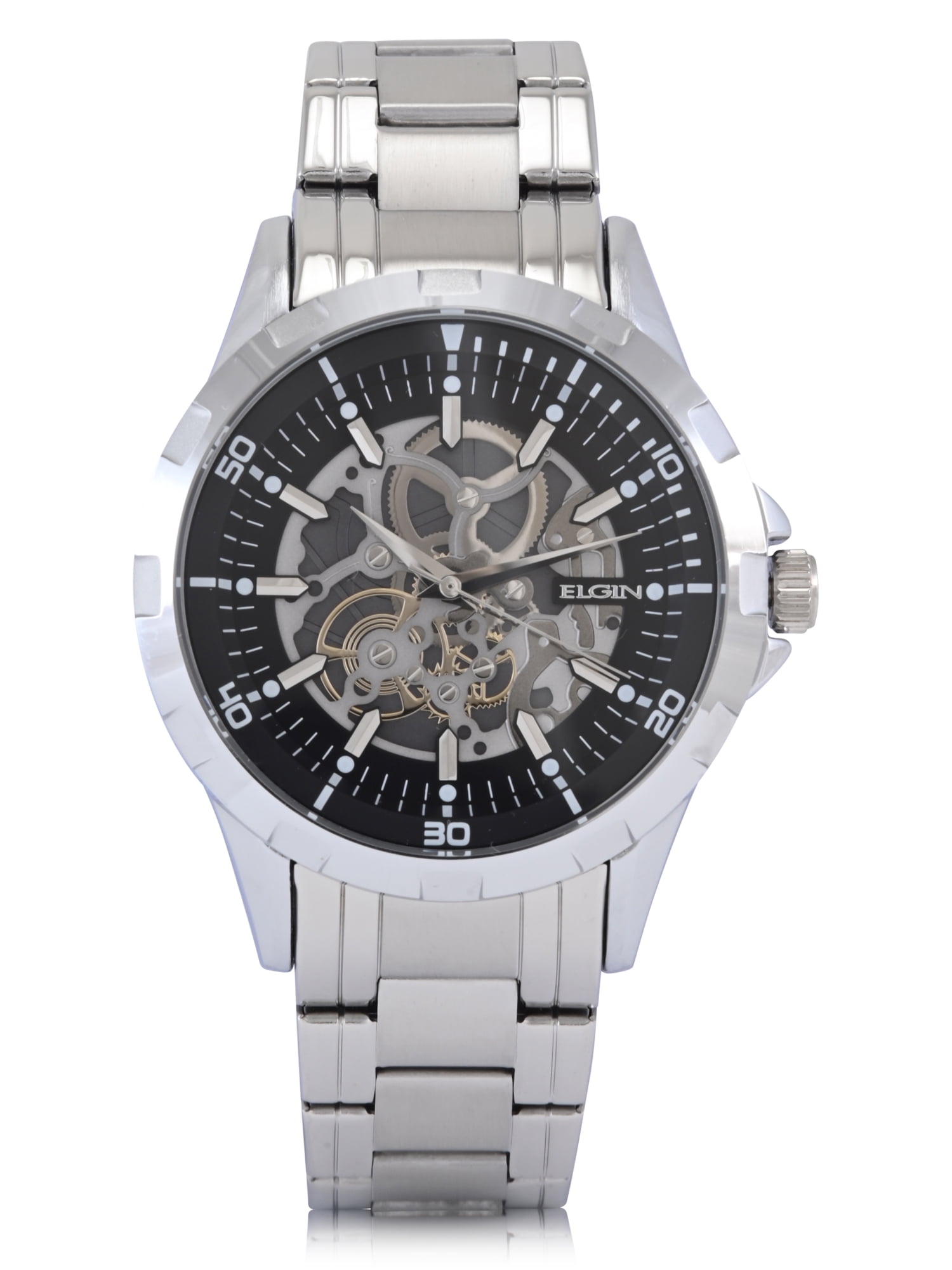 Elgin Adult Men's Silver Round Case Watch with Faux Skeleton Dial. (FG180031)