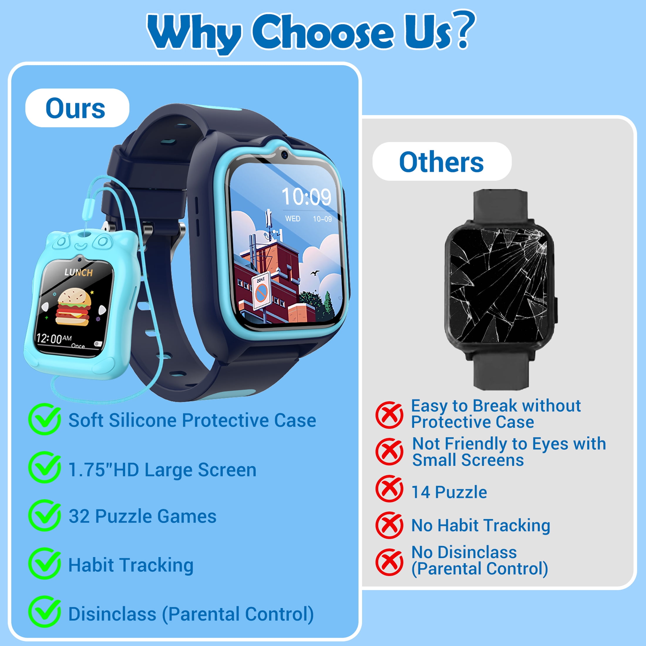 IOWODO Smart Watch for Kids, 1.75" HD Touch Screen with 32 Educational Games, Music Player, Pedometer, Habit Tracker, Alarm, Calculator, IP68 Waterproof for Boys Girls (Blue) - Image 4