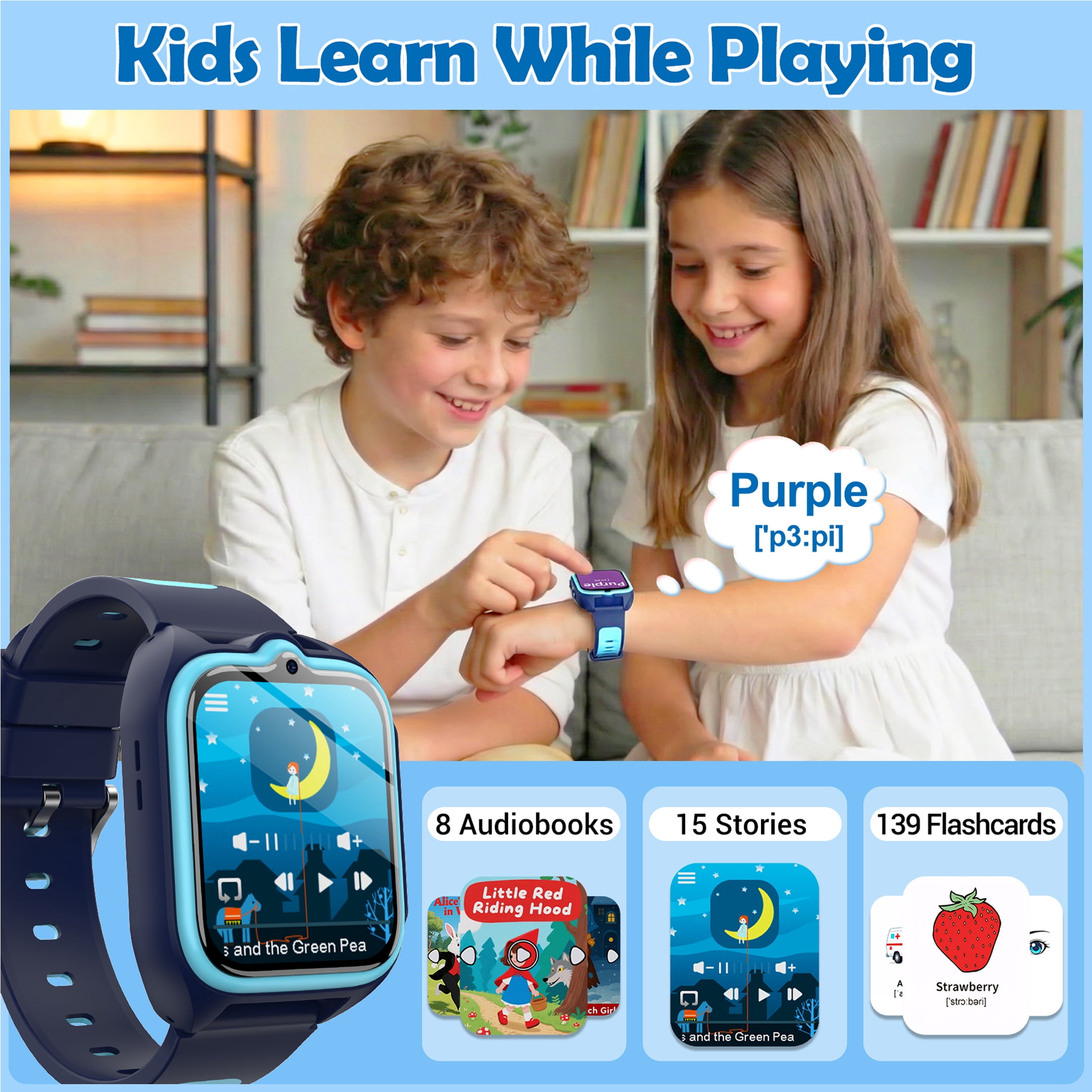 IOWODO Smart Watch for Kids, 1.75" HD Touch Screen with 32 Educational Games, Music Player, Pedometer, Habit Tracker, Alarm, Calculator, IP68 Waterproof for Boys Girls (Blue) - Image 3