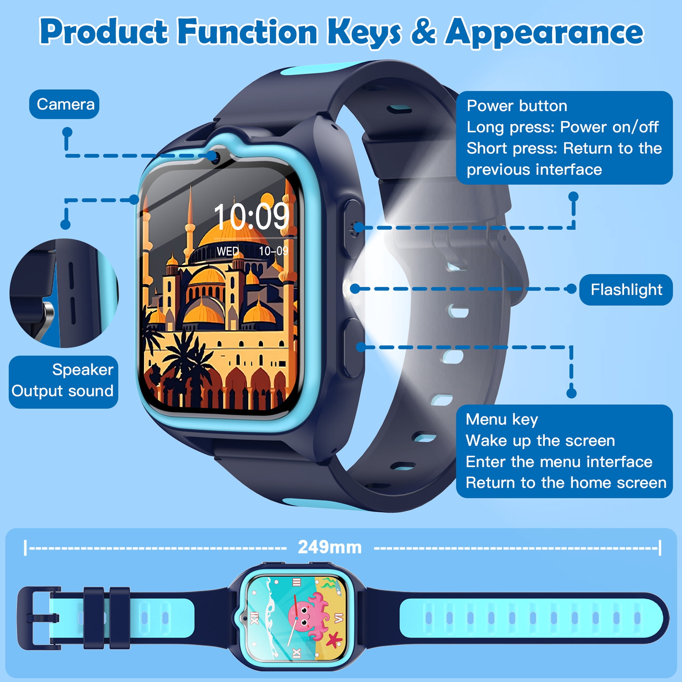 IOWODO Smart Watch for Kids, 1.75" HD Touch Screen with 32 Educational Games, Music Player, Pedometer, Habit Tracker, Alarm, Calculator, IP68 Waterproof for Boys Girls (Blue) - Image 2
