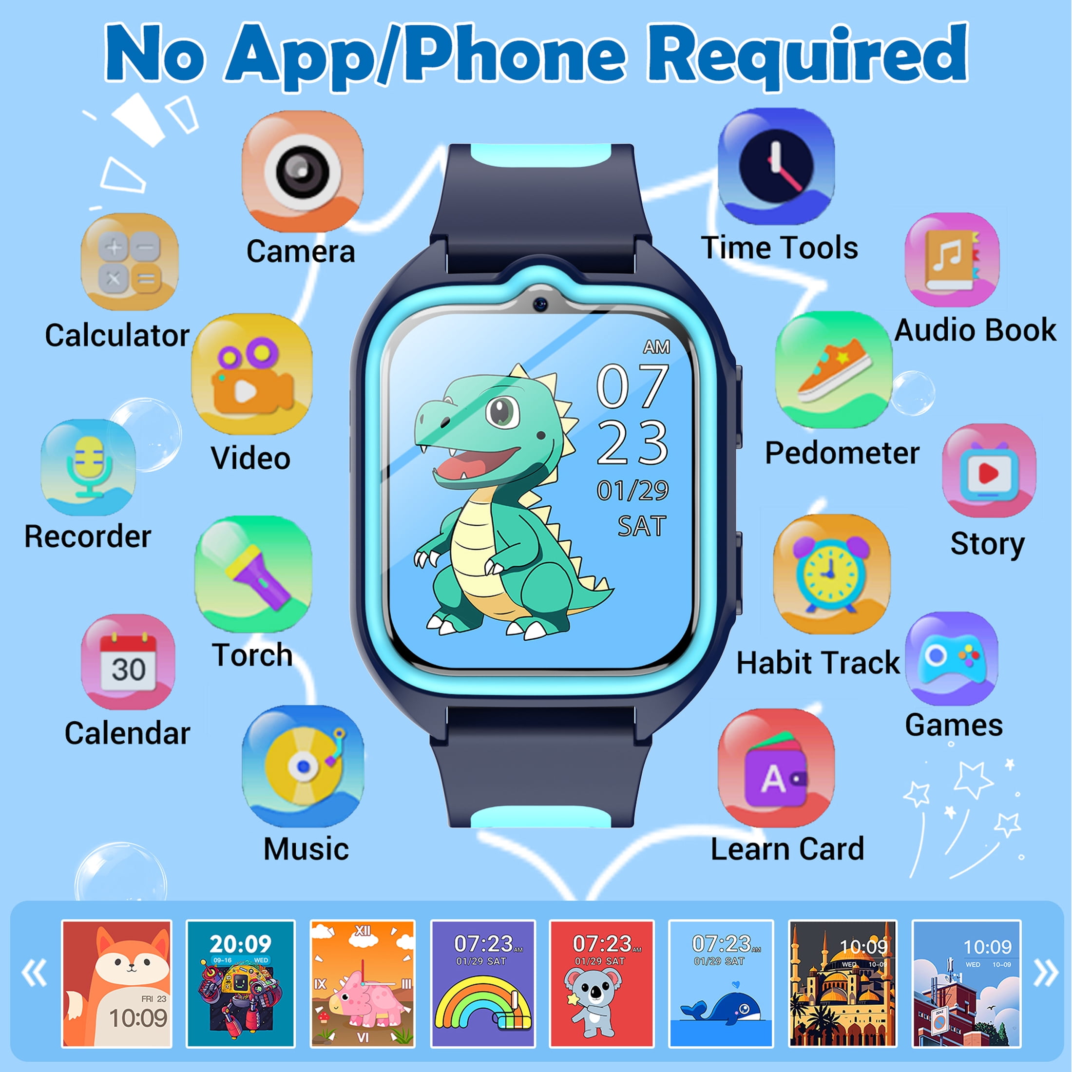 IOWODO Smart Watch for Kids, 1.75" HD Touch Screen with 32 Educational Games, Music Player, Pedometer, Habit Tracker, Alarm, Calculator, IP68 Waterproof for Boys Girls (Blue) - Image 5