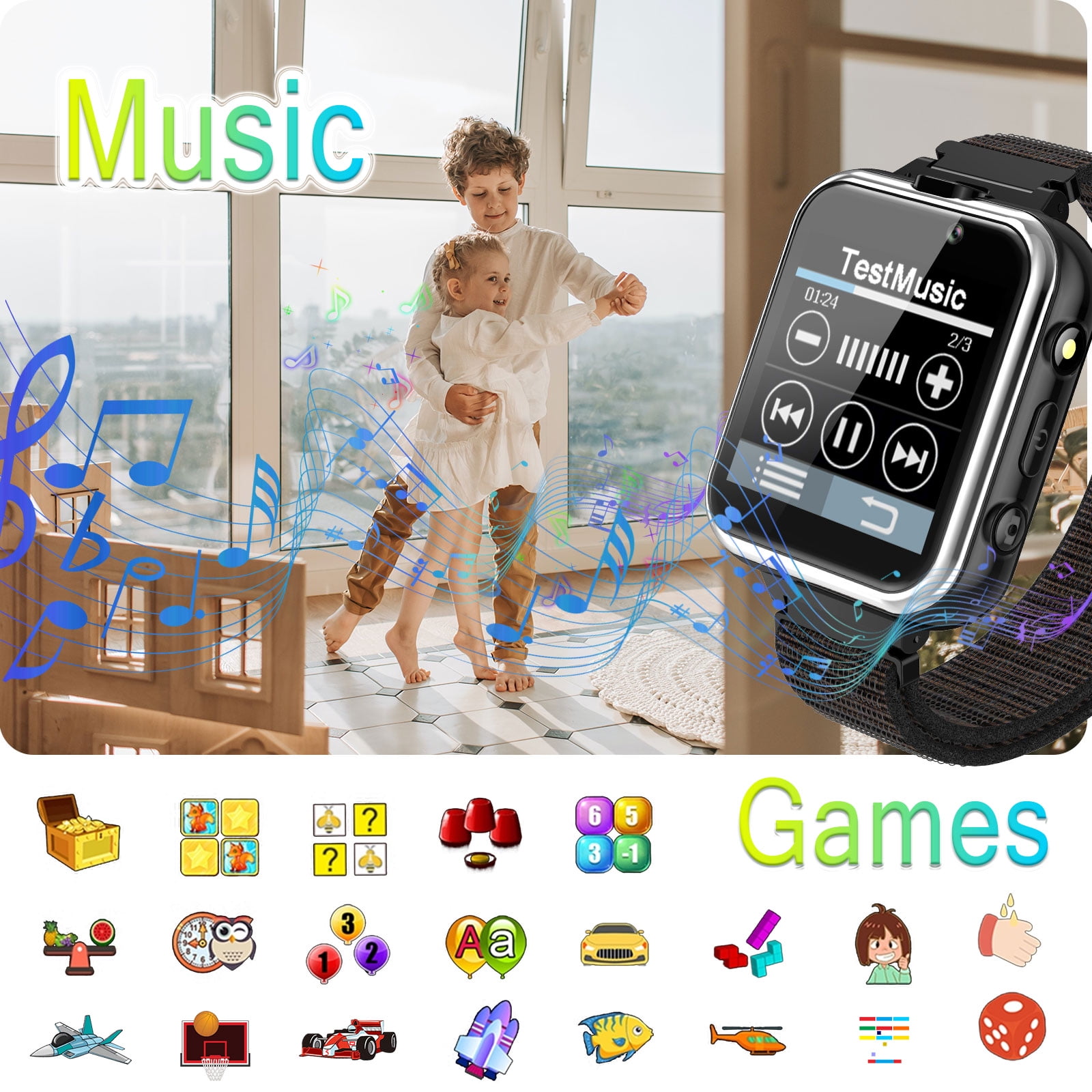 PTHTECHUS Kids Smartwatch Dual Camera Games Pedometer 1.54mm Black Plastic Case with Black Band - Image 5